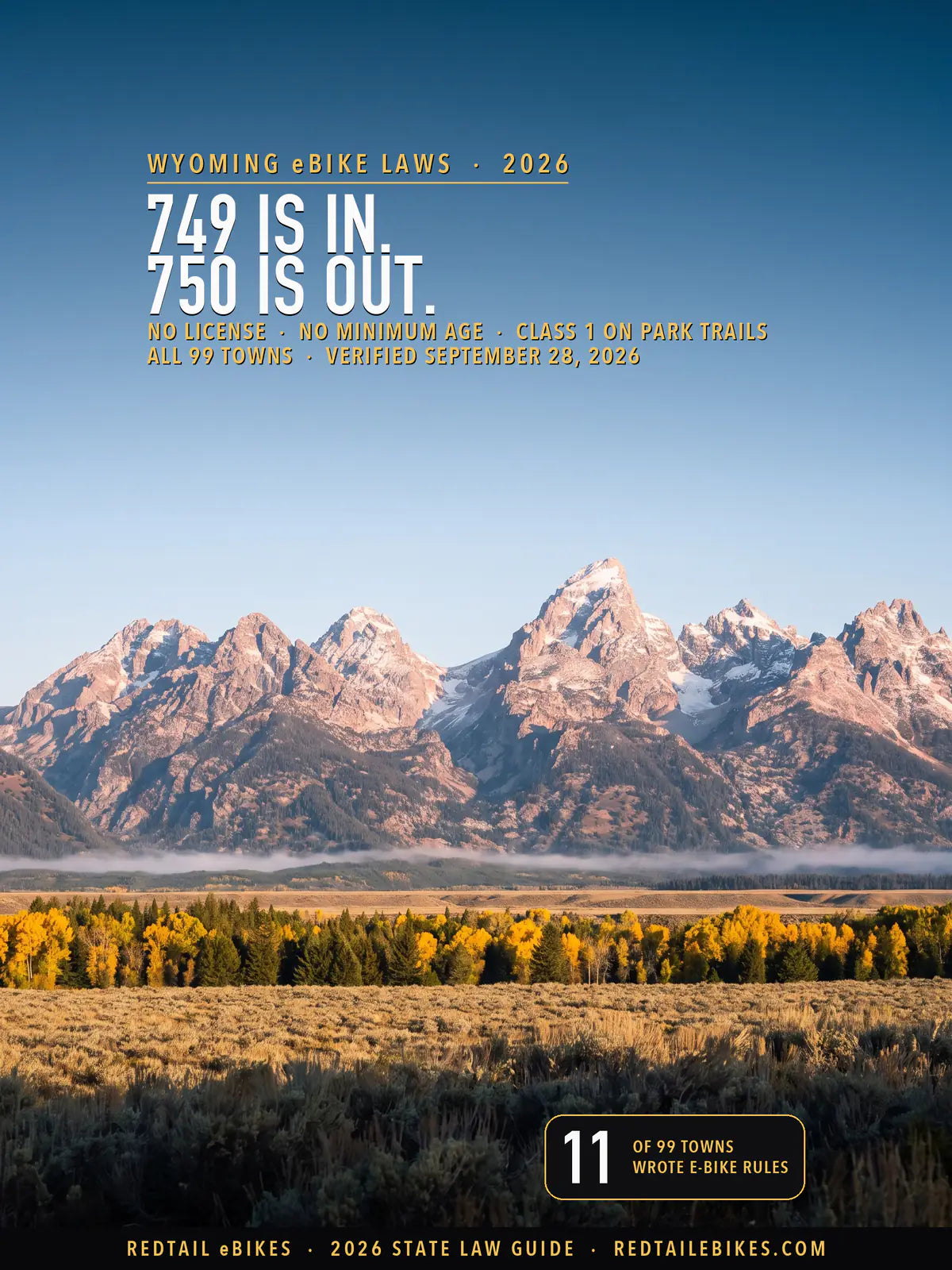 Wyoming eBike laws 2026 cover: 749 IS IN. 750 IS OUT. over the Teton Range at sunrise, granite peaks rising above yellow and green trees and the sagebrush flats of Jackson Hole