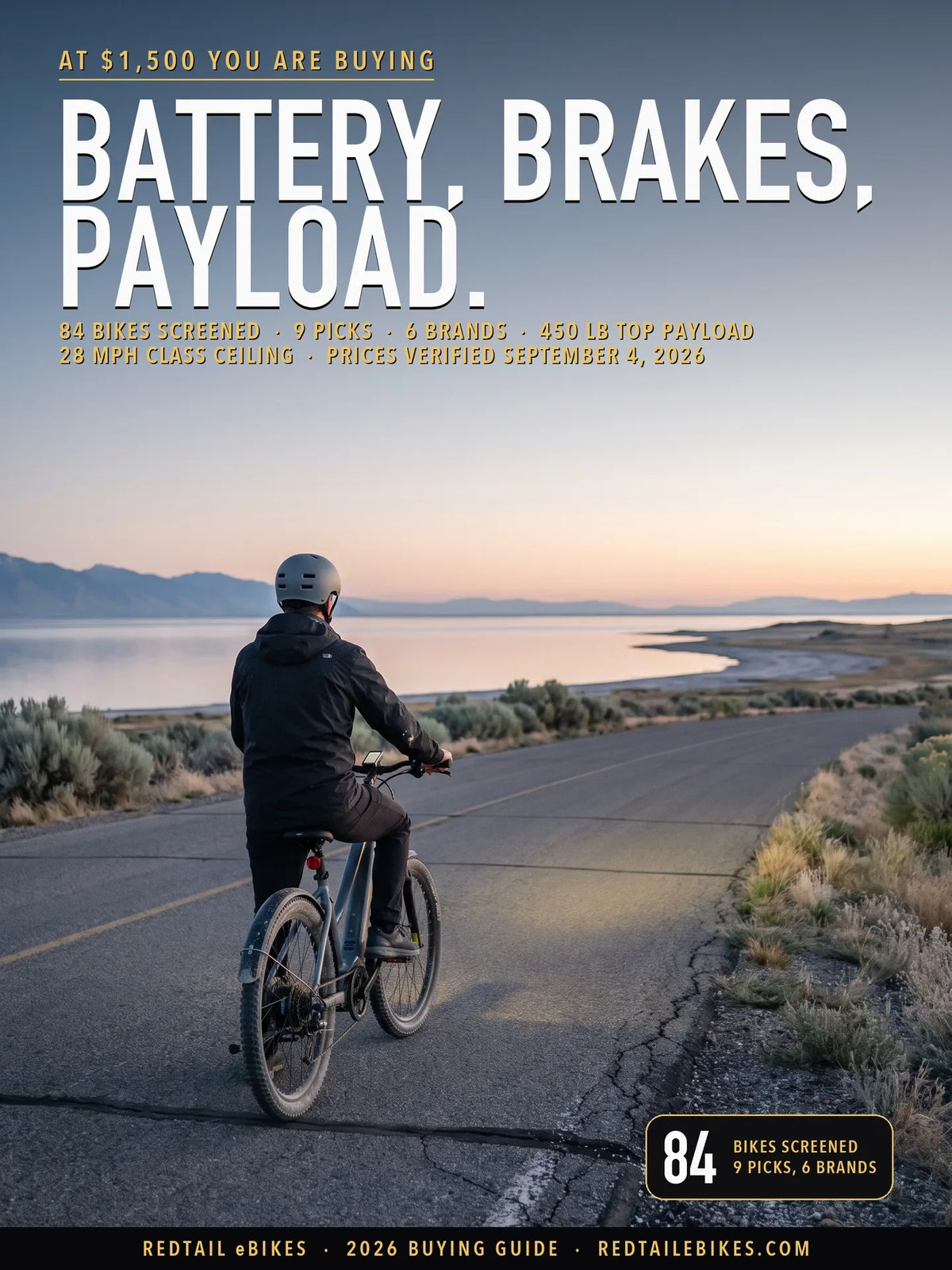 Best electric bikes under $1,500 cover: a rider stopped astride an electric bike on the park road at Antelope Island, Great Salt Lake, Utah, at dawn