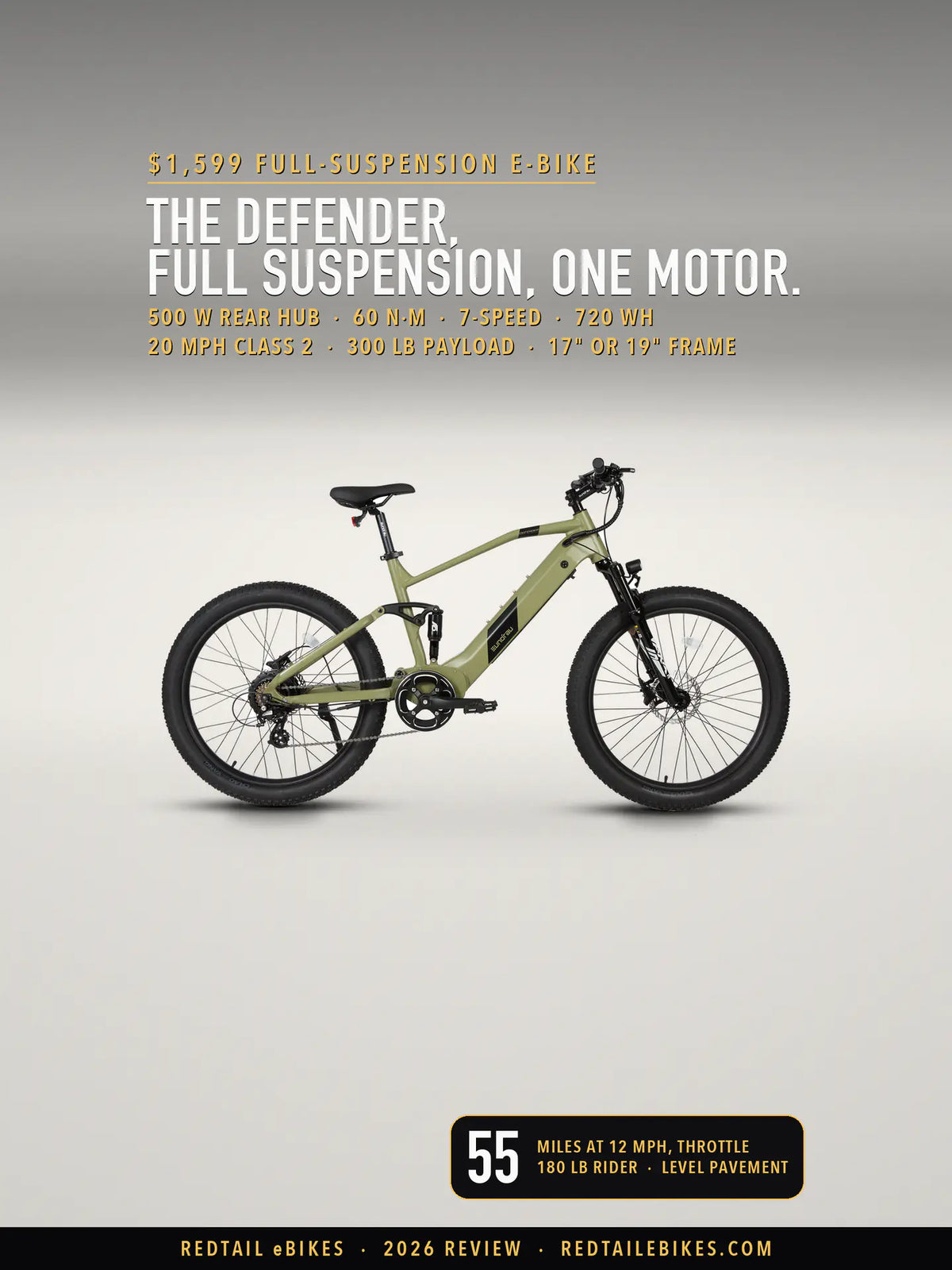 Cover: Eunorau DEFENDER full-suspension e-bike in Army Green on a light studio floor. Type: The DEFENDER, full suspension, one motor; 55 miles at 12 mph on the throttle, 180 lb rider.