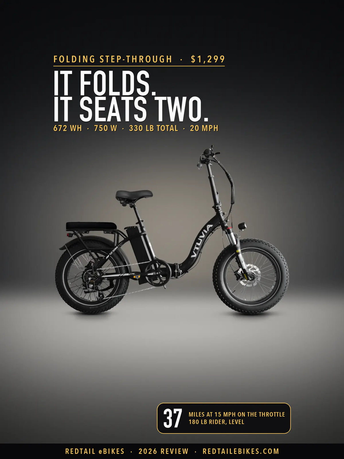 VTUVIA SF20H in Black on a lit studio floor against a dark wall, side view, under the headline It folds. It seats two. and a badge reading 37 miles at 15 mph on the throttle, 180 lb rider, level