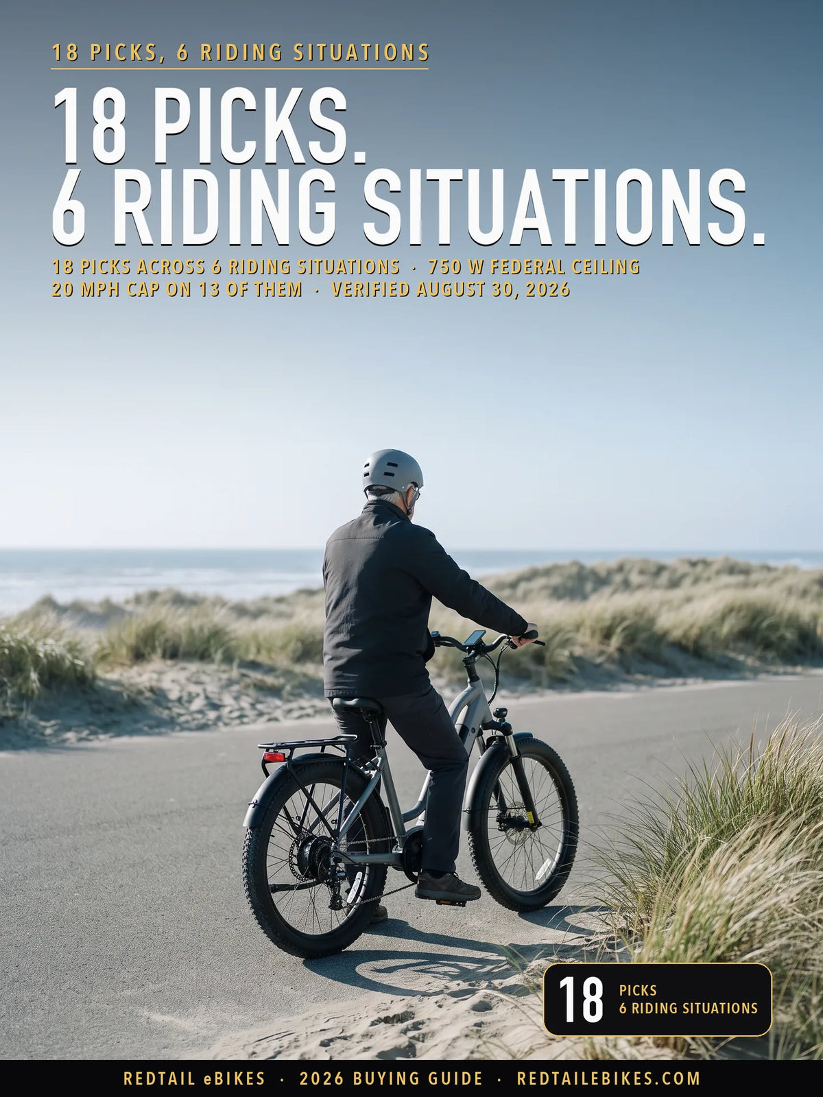 electric bike for seniors cover: a rider on an electric bike at The paved bicycle path, Assateague Island National Seashore, Maryland, with the headline 18 PICKS 6 RIDING SITUATIONS and the stat 18 picks