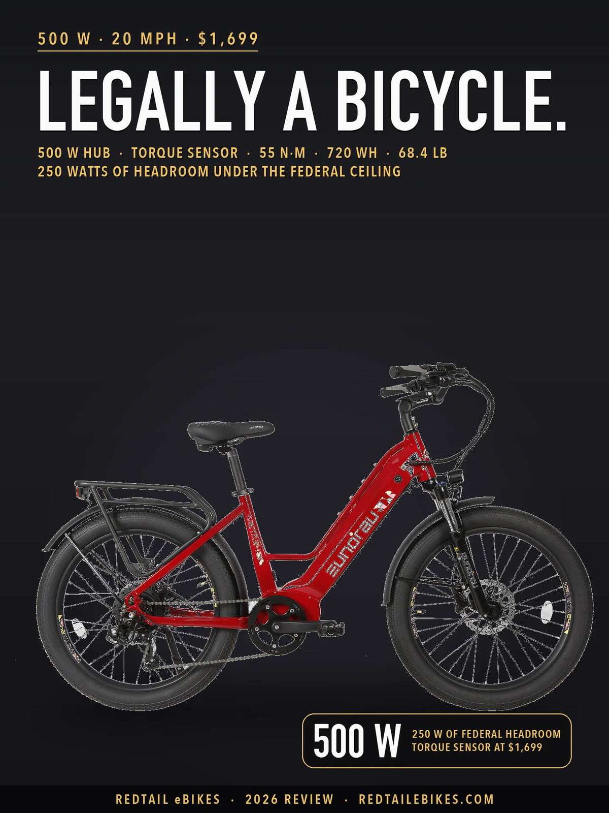 Eunorau META26 1.0 city commuter electric bike in Deep Crimson, studio side profile showing the step-through frame, rear rack, fenders and 26 by 3.0 inch tires
