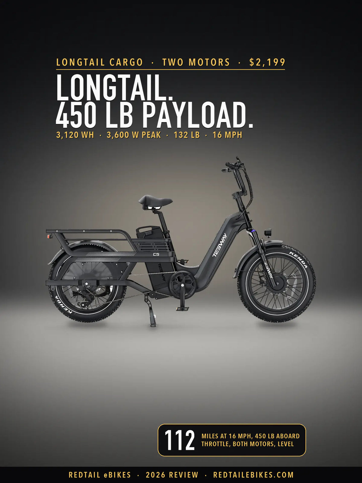 Tesway C5 AWD in Black on a lit studio floor against a dark wall, side view, under the headline Longtail. 450 lb payload. and a badge reading 112 miles at 16 mph, 450 lb aboard, throttle, both motors, level