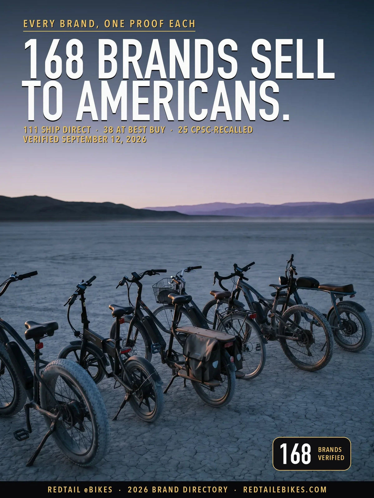 Seven electric bikes from seven different ebike brands parked in a staggered row on a cracked dry lake bed at first light, badges turned away, cold pre-dawn sky above