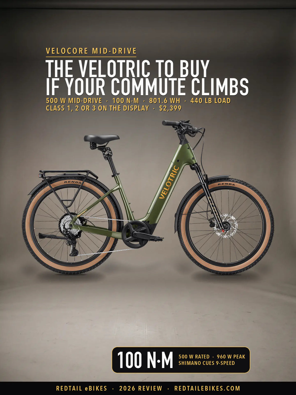 Velotric Discover M mid-drive step-through commuter electric bike in Olivine Green, side view on a studio floor, showing the rear rack, fenders and 27.5-inch Kenda tires
