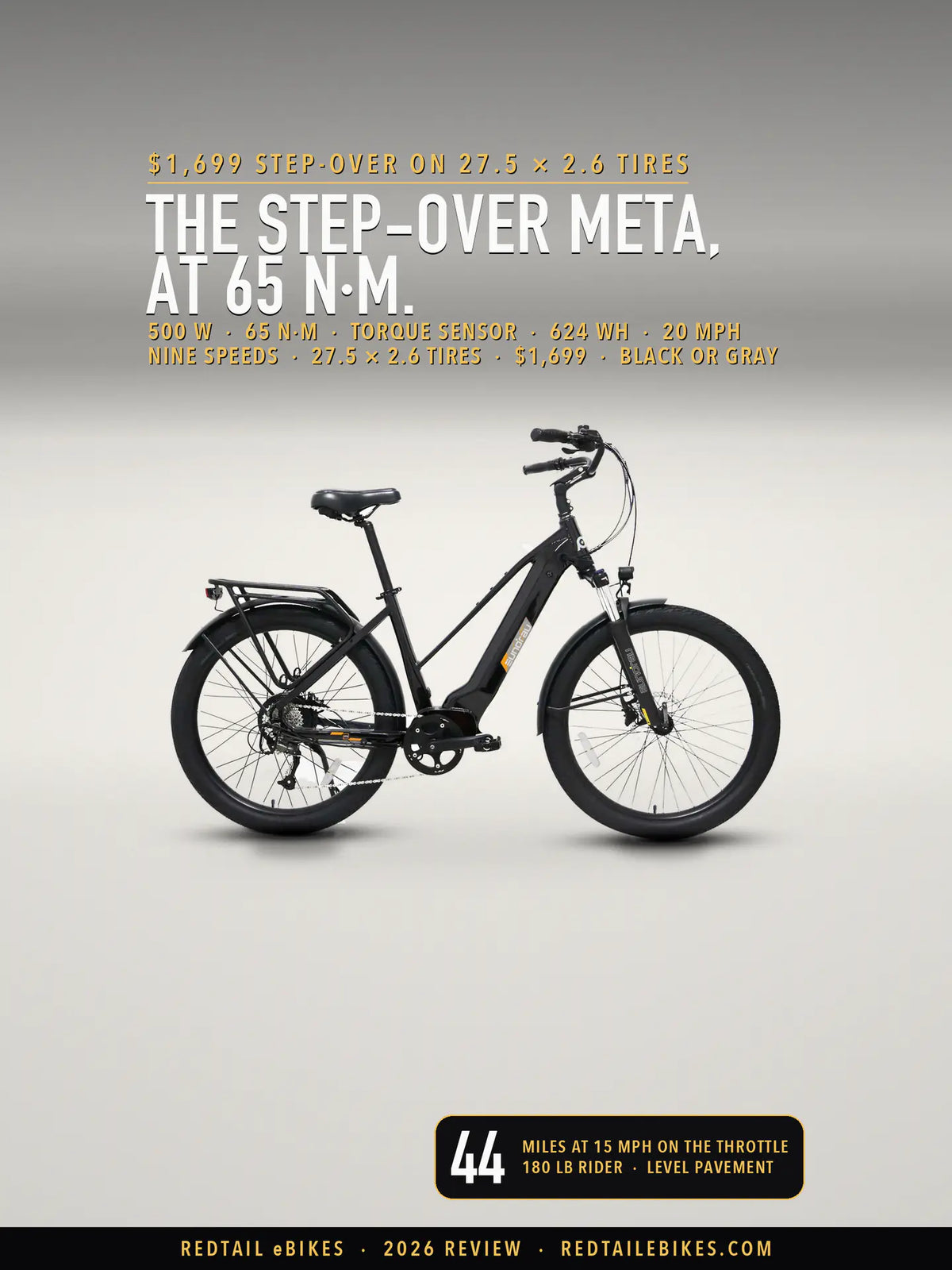 The Eunorau META275 1.0 step-over e-bike in Black, drive side, on a light studio floor