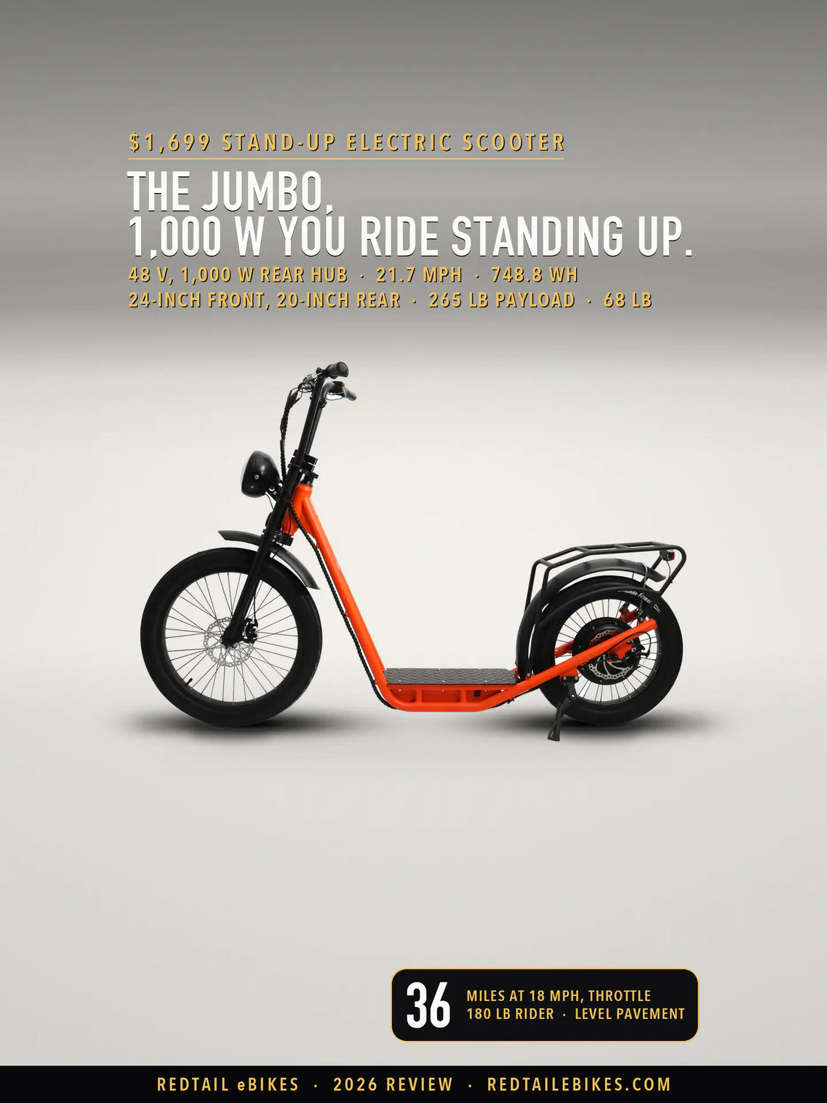 Cover: the Eunorau JUMBO stand-up electric scooter in Orange on a light studio floor. Type: The JUMBO, 1,000 W you ride standing up; 36 miles at 18 mph, 180 lb rider.