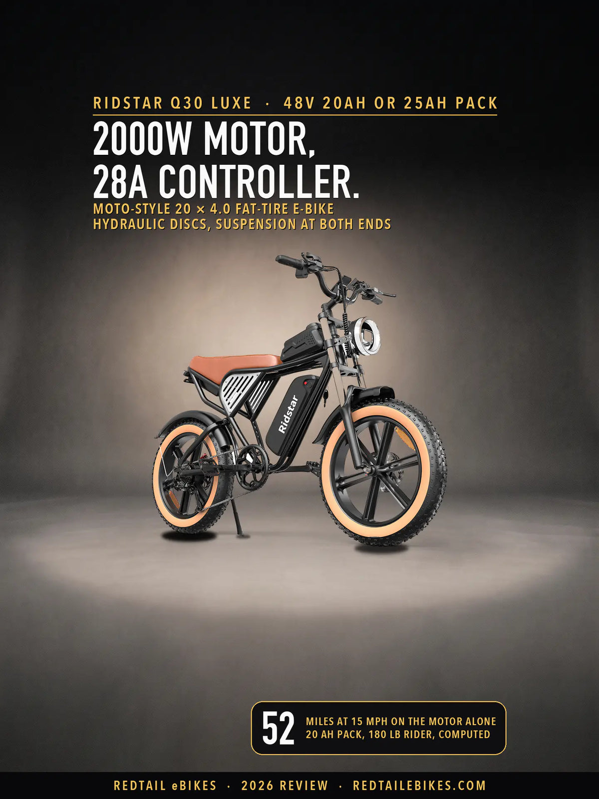 The Ridstar Q30 Luxe, a black moto-style fat-tire e-bike with a tan bench, in a charcoal studio, under the headline 2000W motor, 28A controller, with a badge reading 52 miles at 15 mph on the motor alone, computed