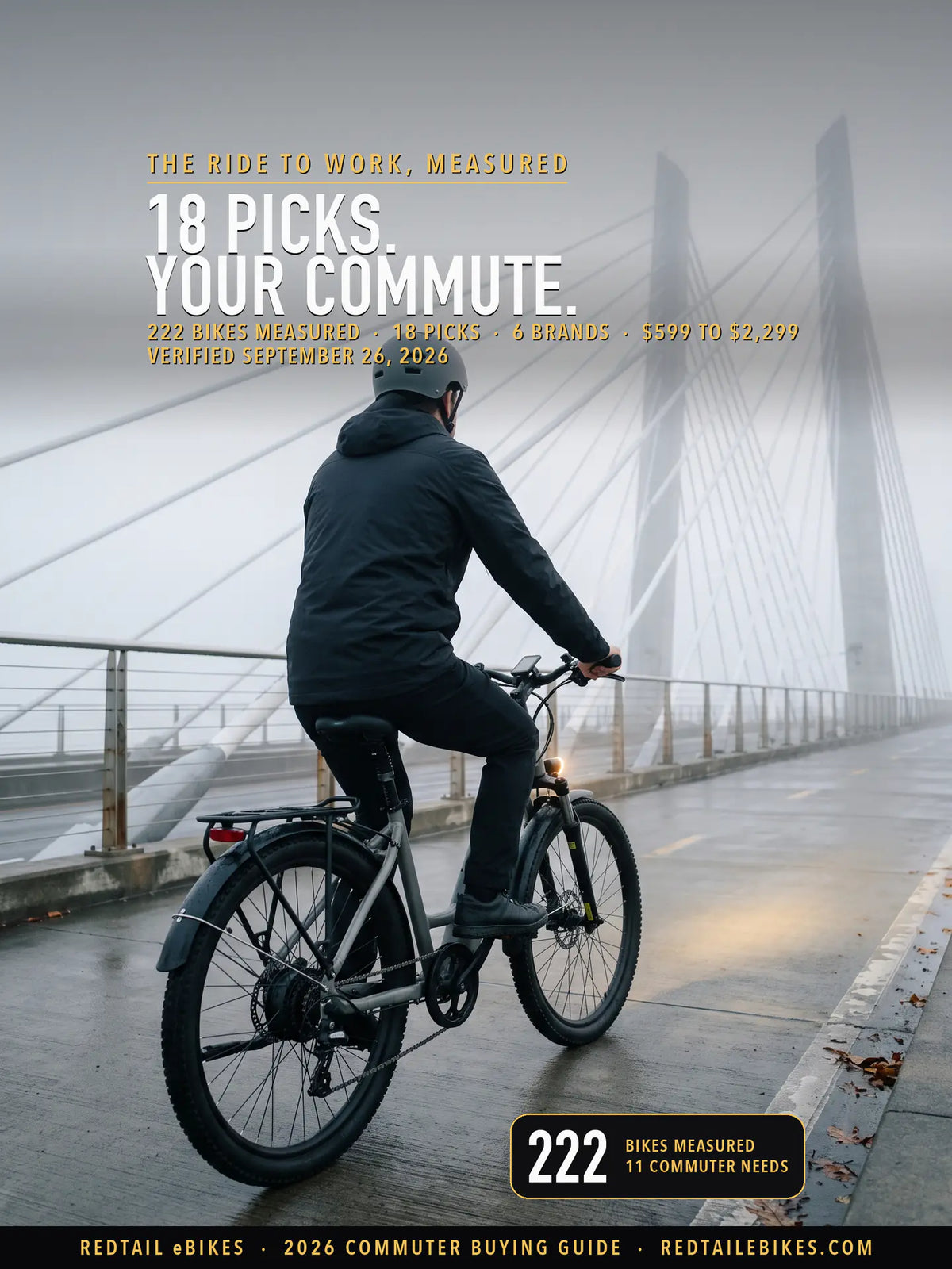 A commuter rolling away on a step-through electric bike along the cyclist path of Tilikum Crossing in Portland, Oregon, in pre-dawn river fog