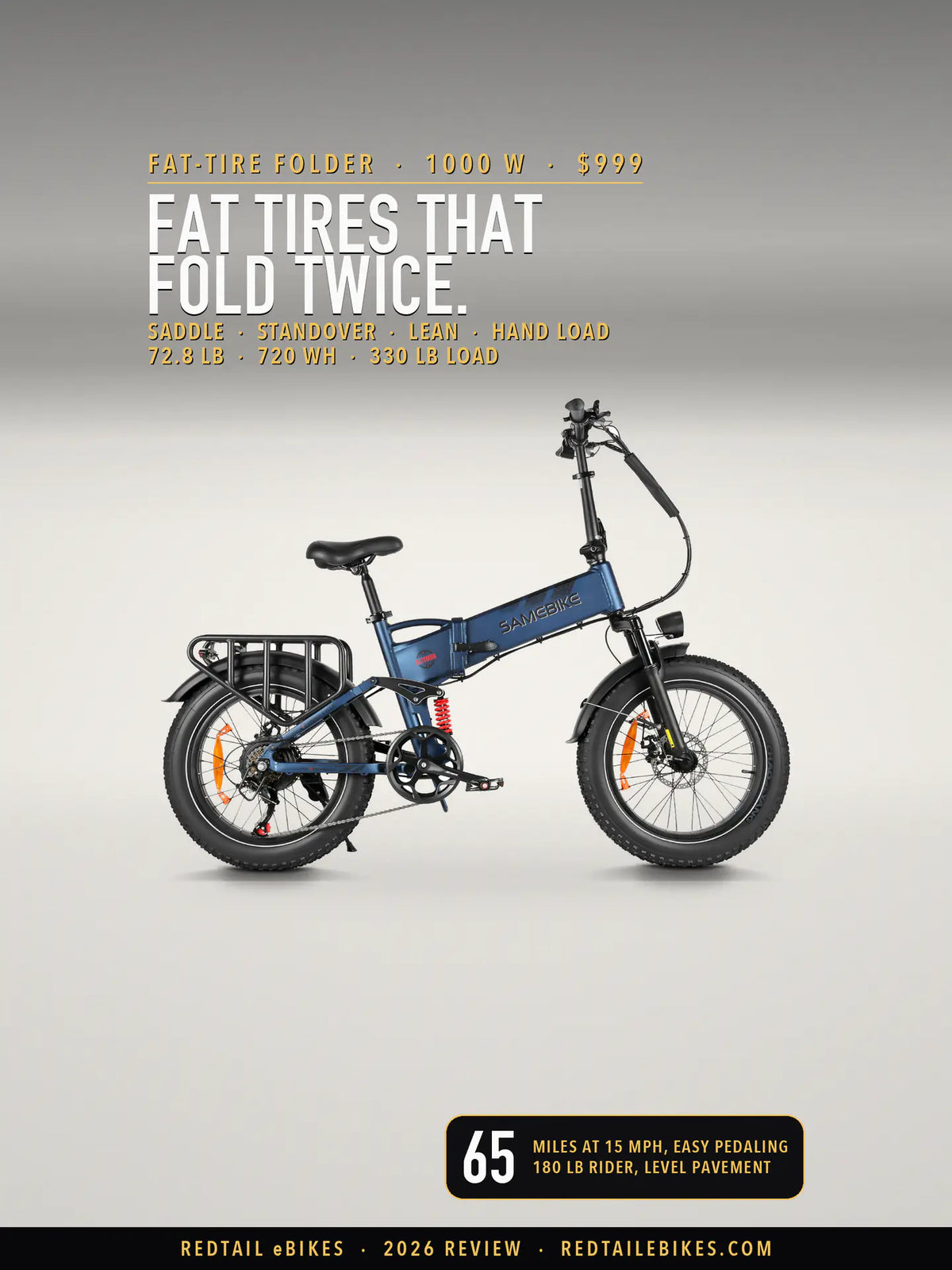 Samebike RS-A02 Pro folding fat-tire electric bike in Navy on a light studio floor, drive-side profile with the SAMEBIKE wordmark on the main beam, a red coil rear shock, the rear rack and 20 x 4.0 tires