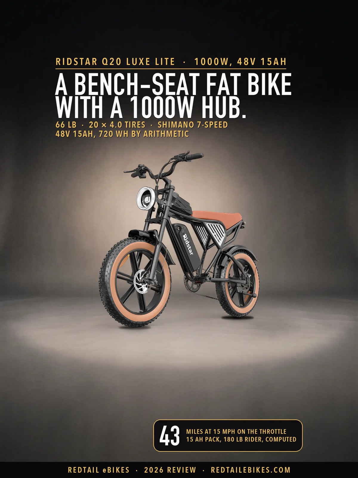 The Ridstar Q20 Luxe Lite, a black fat-tire e-bike with a tan bench seat and a ring-shaped headlight, in a pool of light in a charcoal studio, under the headline a bench-seat fat bike with a 1000W hub, with a badge reading 43 miles at 15 mph, computed