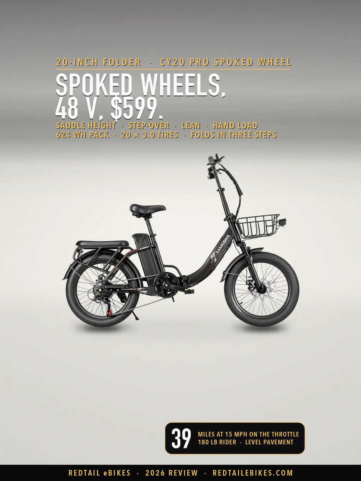 Samebike CY20 Pro Spoked Wheel folding e-bike in Black on a light studio floor, drive side, with the SAMEBIKE wordmark on the frame, the pack behind the seat tube, the front basket, the rear rack and seat cushion, and spoked 20 × 3.0 wheels