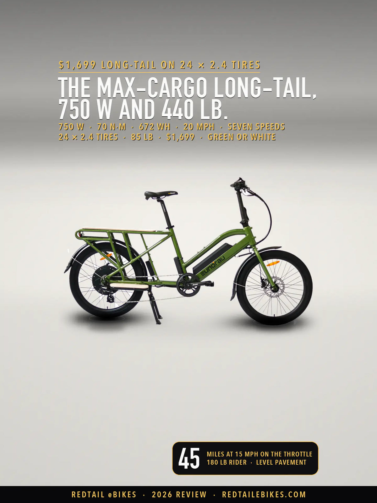 The Eunorau MAX-CARGO 2.0 long-tail cargo e-bike in Green, drive side, on a light studio floor