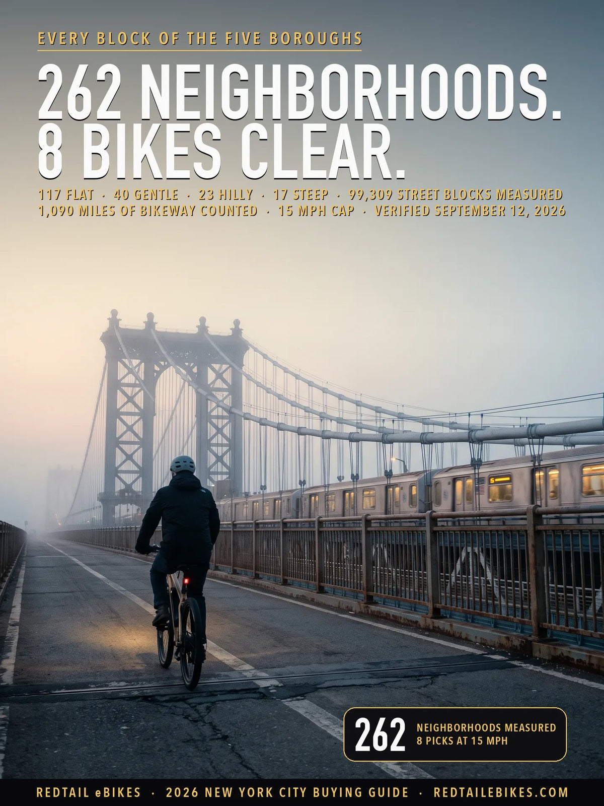 A rider on the Manhattan Bridge bikeway before sunrise, the steel tower and the Manhattan skyline beyond