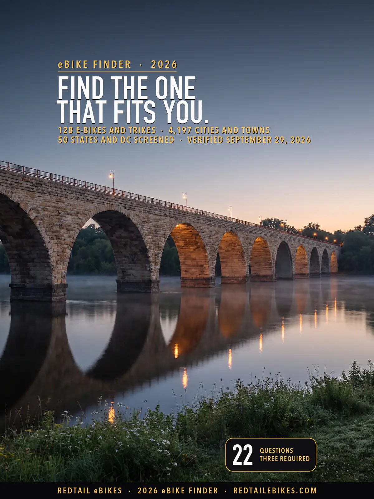 eBike Finder cover: FIND THE ONE THAT FITS YOU over the limestone arches of the Stone Arch Bridge on the Mississippi River in Minneapolis at blue hour, with a stat of 22 questions, three required