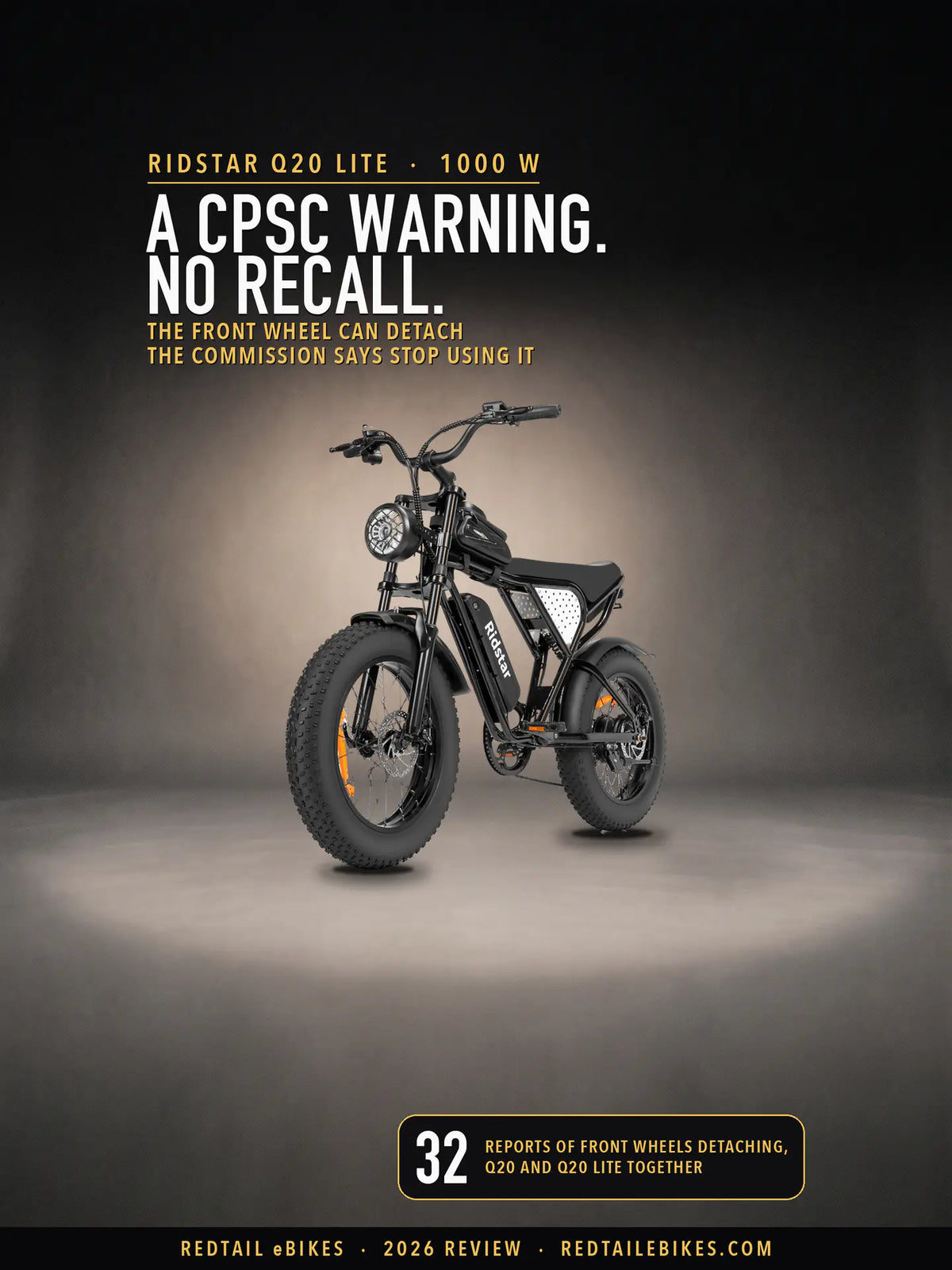 Ridstar Q20 Lite in black, seen from the front three-quarter in a pool of light in a charcoal studio, under the headline A CPSC warning. No recall. and a badge reading 32 reports of front wheels detaching, Q20 and Q20 Lite together