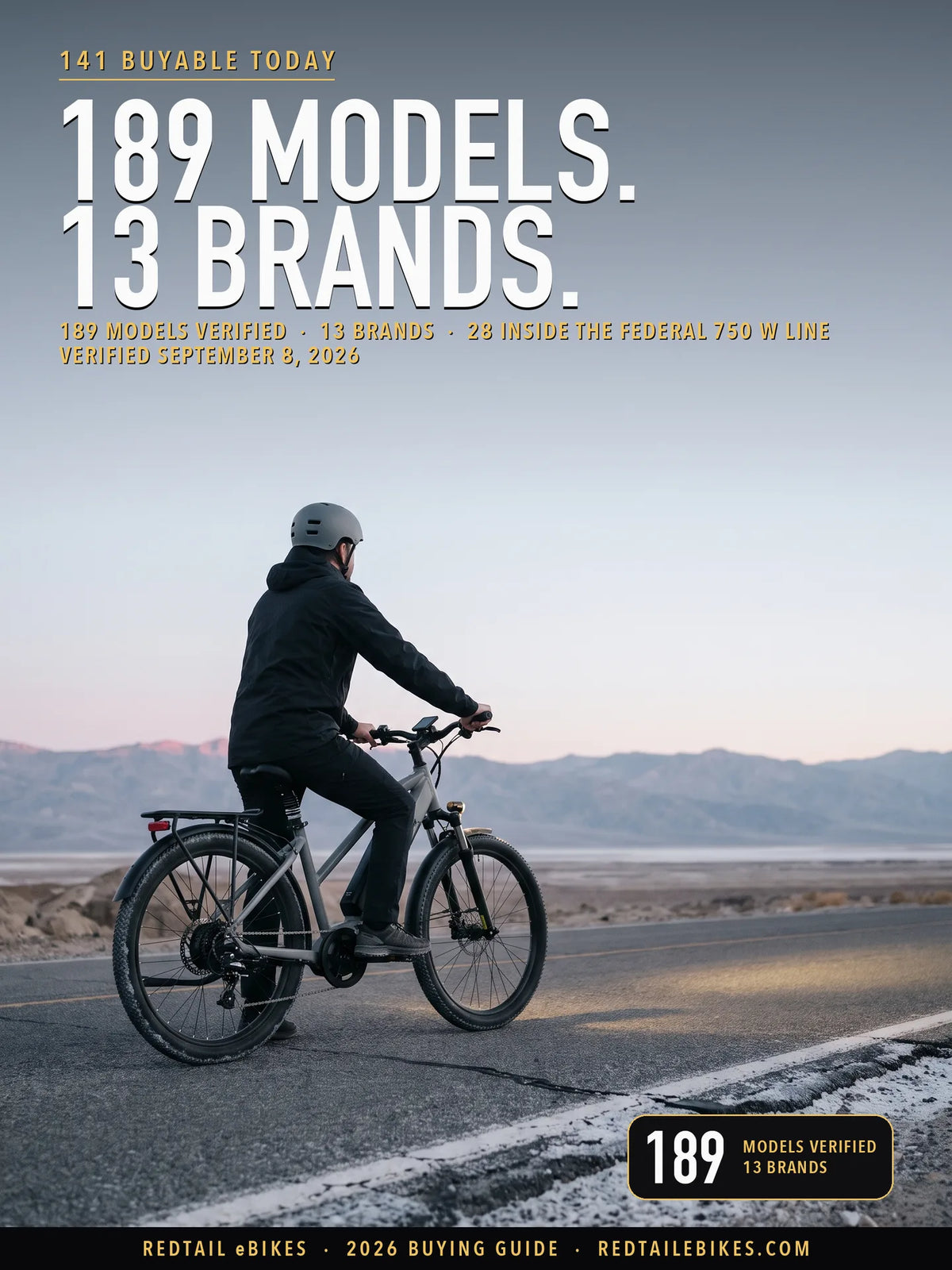 Best eBike Brands 2026 cover: a rider on an electric bike on Badwater Road in Death Valley National Park, California, with the headline 189 models verified and the stat 13 brands stocked