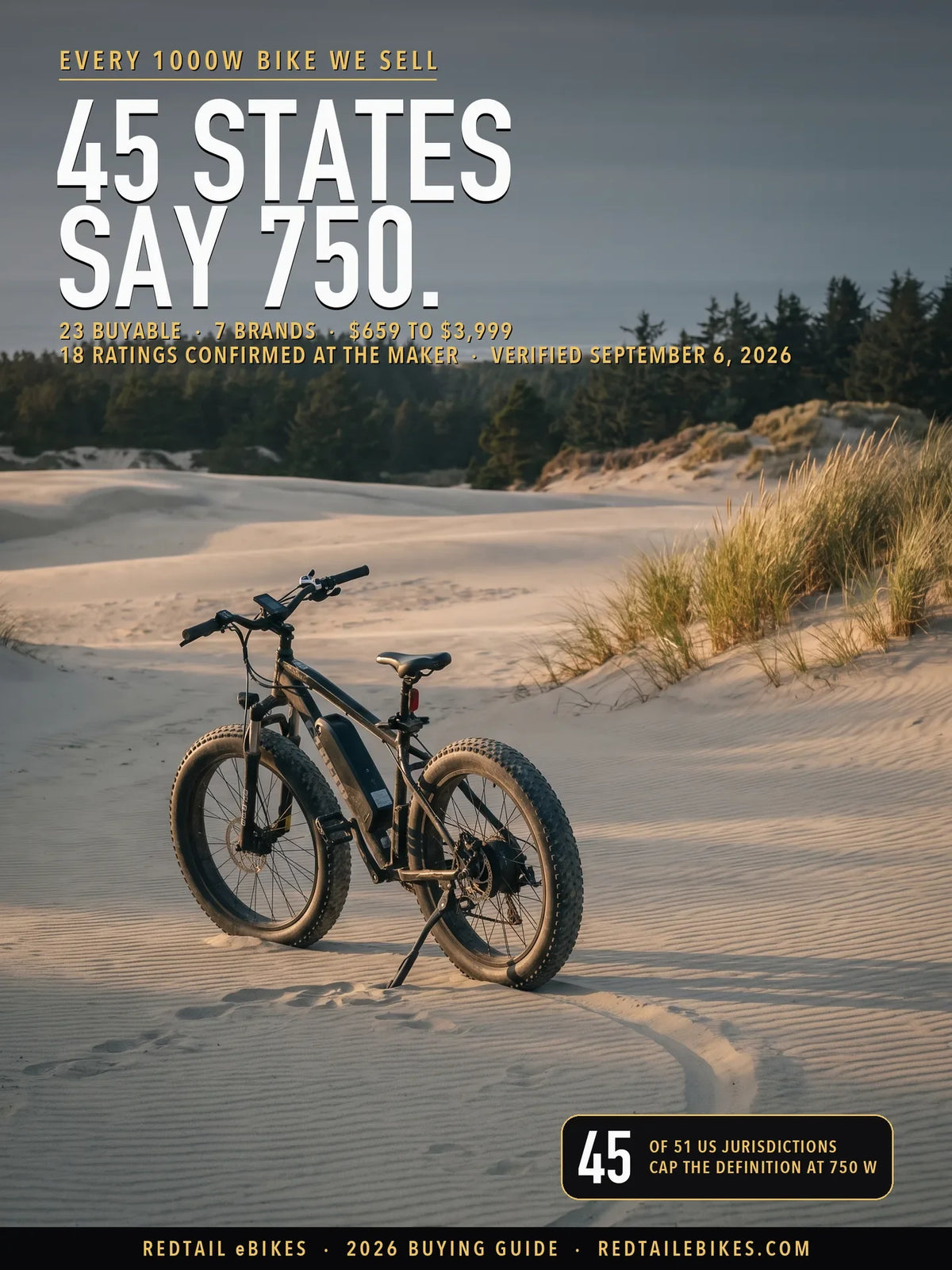 Fat-tire electric bike parked on wind-rippled sand in the Oregon Dunes National Recreation Area at golden hour, coastal forest and the Pacific behind it