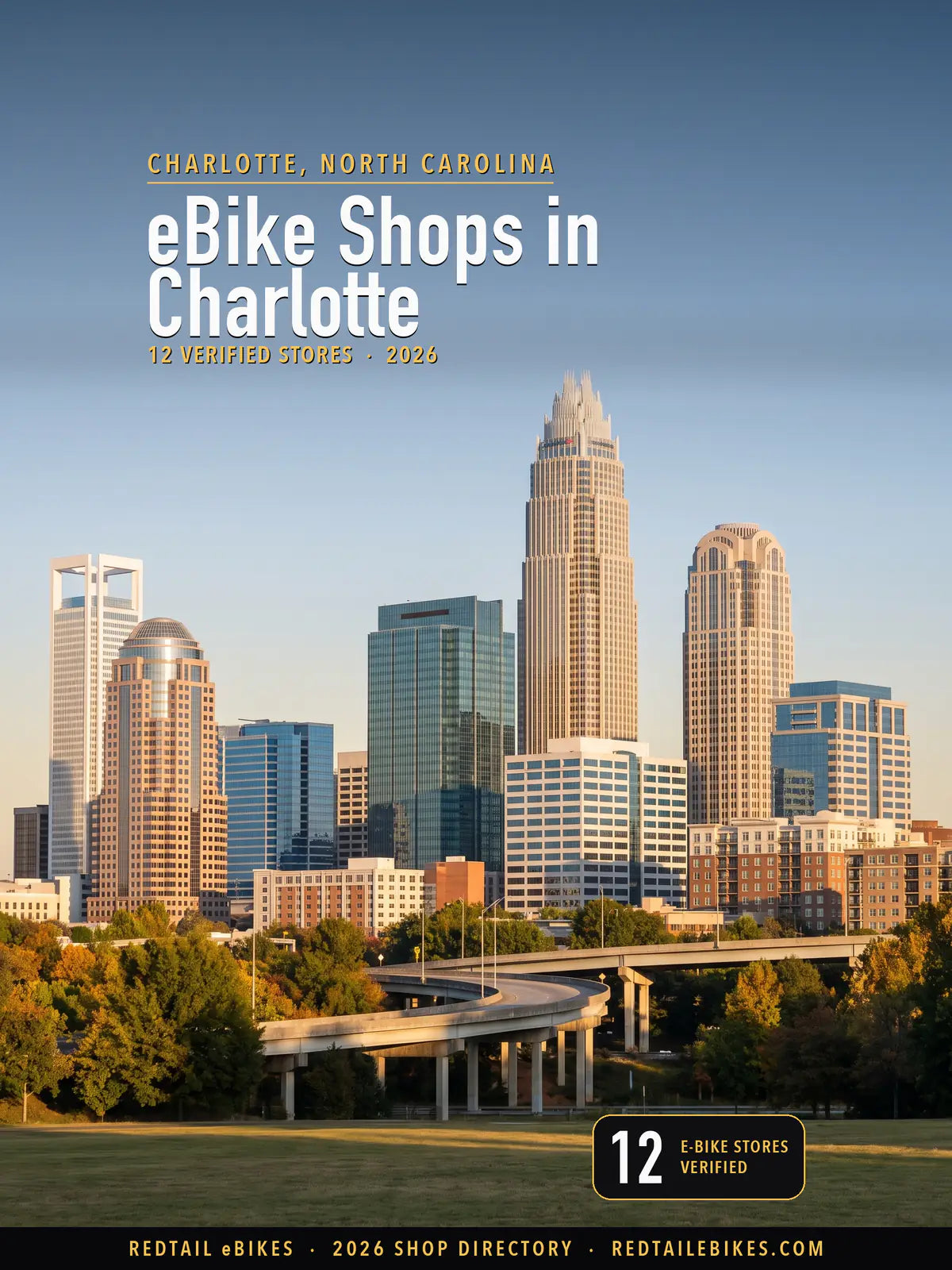 Cover reading eBike Shops in Charlotte, 12 verified stores, over the Uptown Charlotte skyline seen from the south-west across a curving highway overpass and a lawn in low autumn sun
