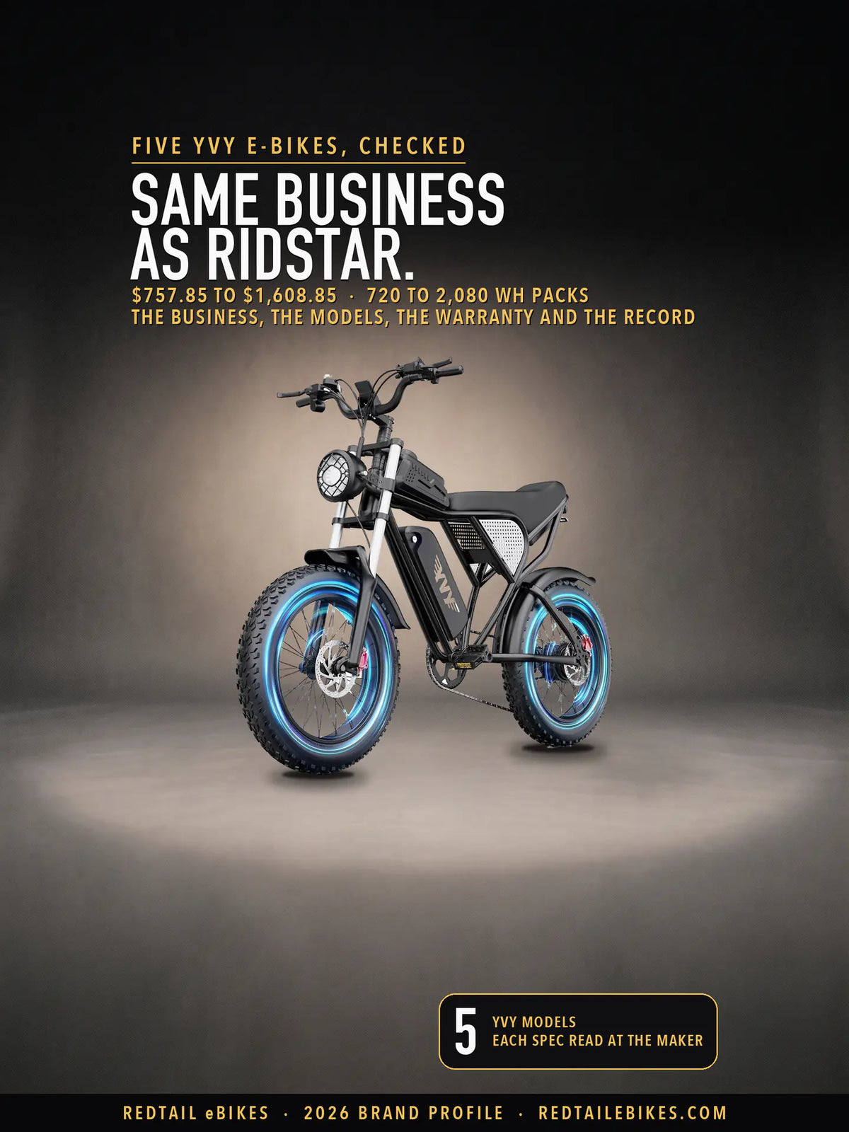 YVY K20 25Ah e-bike in black with blue-lit tires on a dark studio floor, under the headline Same business as Ridstar, with the kicker Five YVY e-bikes, checked and the stat 5 YVY models