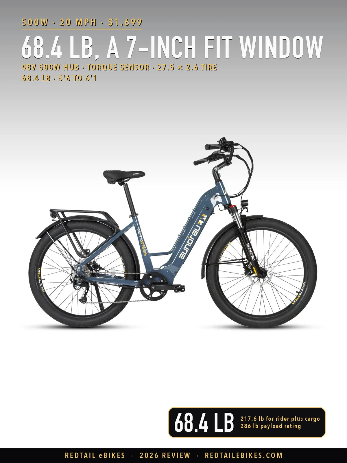Eunorau META275 2.0 electric bike in Deep Crimson, studio three-quarter view showing the 27.5 by 2.6 inch tires, step-thru frame and rear rack