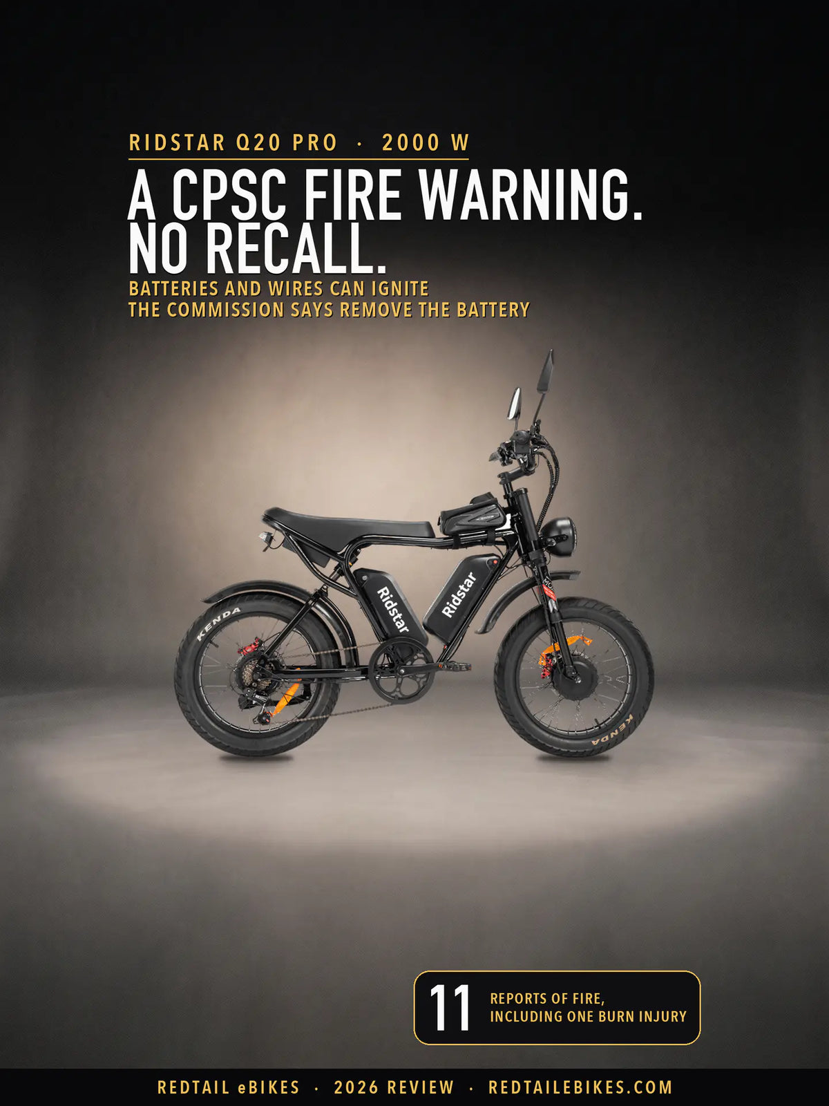 Ridstar Q20 Pro in black standing side-on in a pool of light in a charcoal studio, under the headline A CPSC fire warning. No recall. and a badge reading 11 reports of fire, including one burn injury