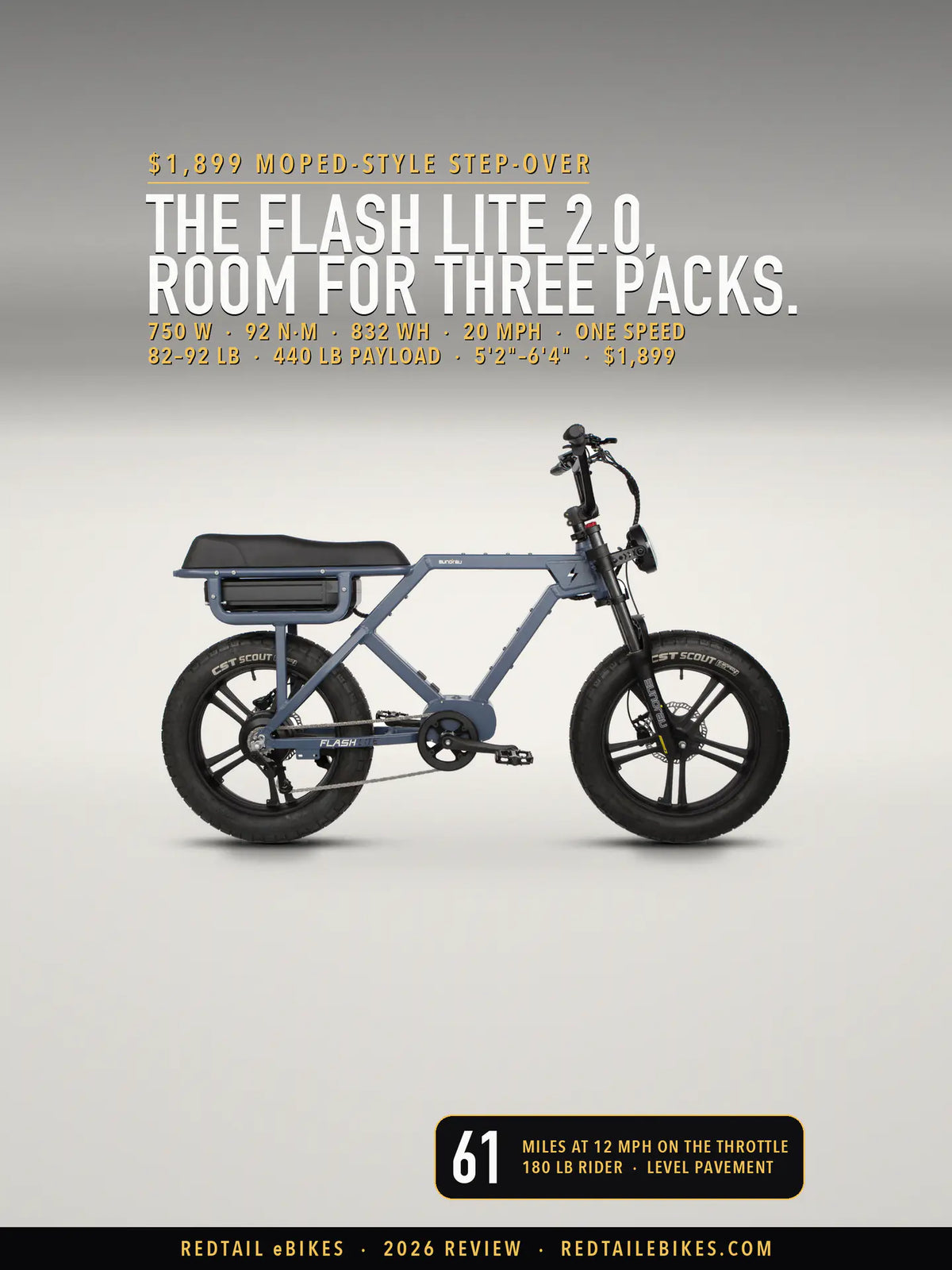 The Eunorau FLASH LITE 2.0 step-over e-bike in Moon Black, chain side, on a light studio floor