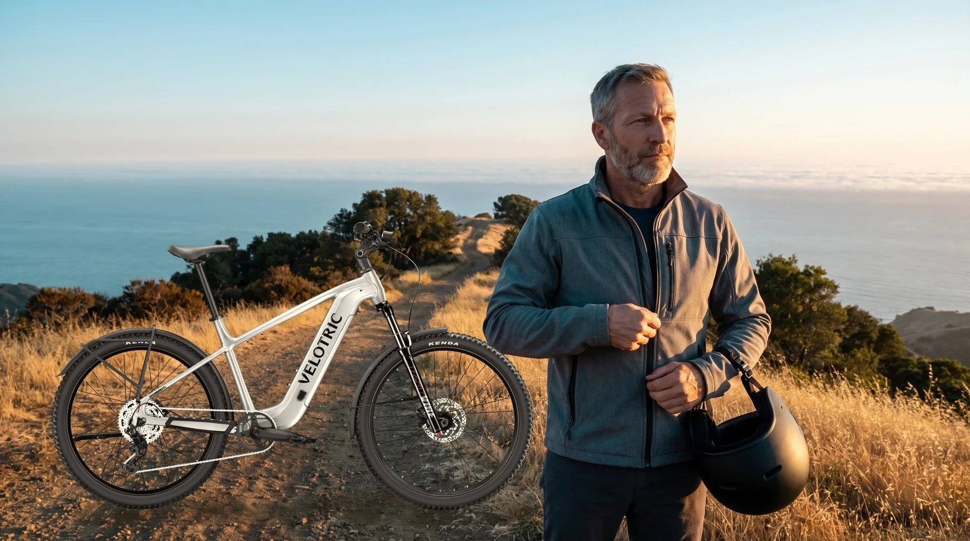 Velotric Summit 2 hybrid electric bike on a coastal California ridge trail