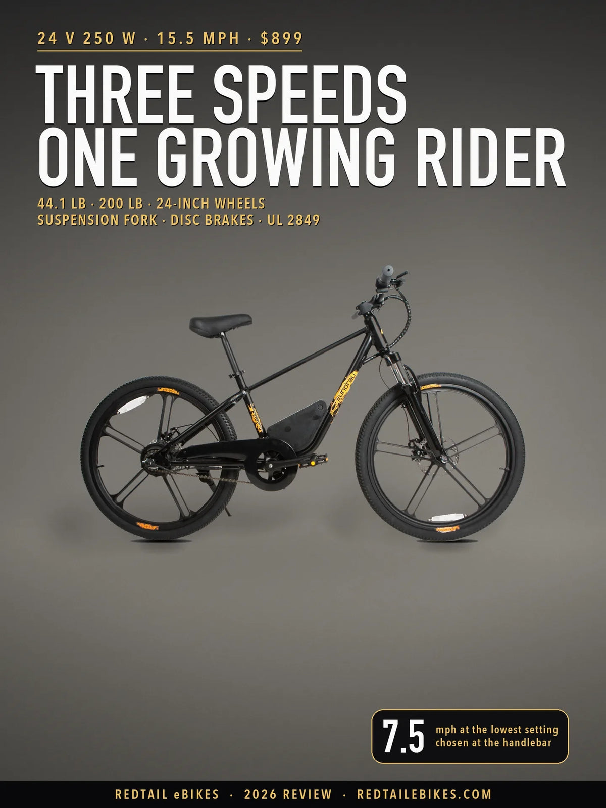 Eunorau EKIDS24 kids electric bike in Obsidian, 24-inch wheels and suspension fork, on a gray studio floor