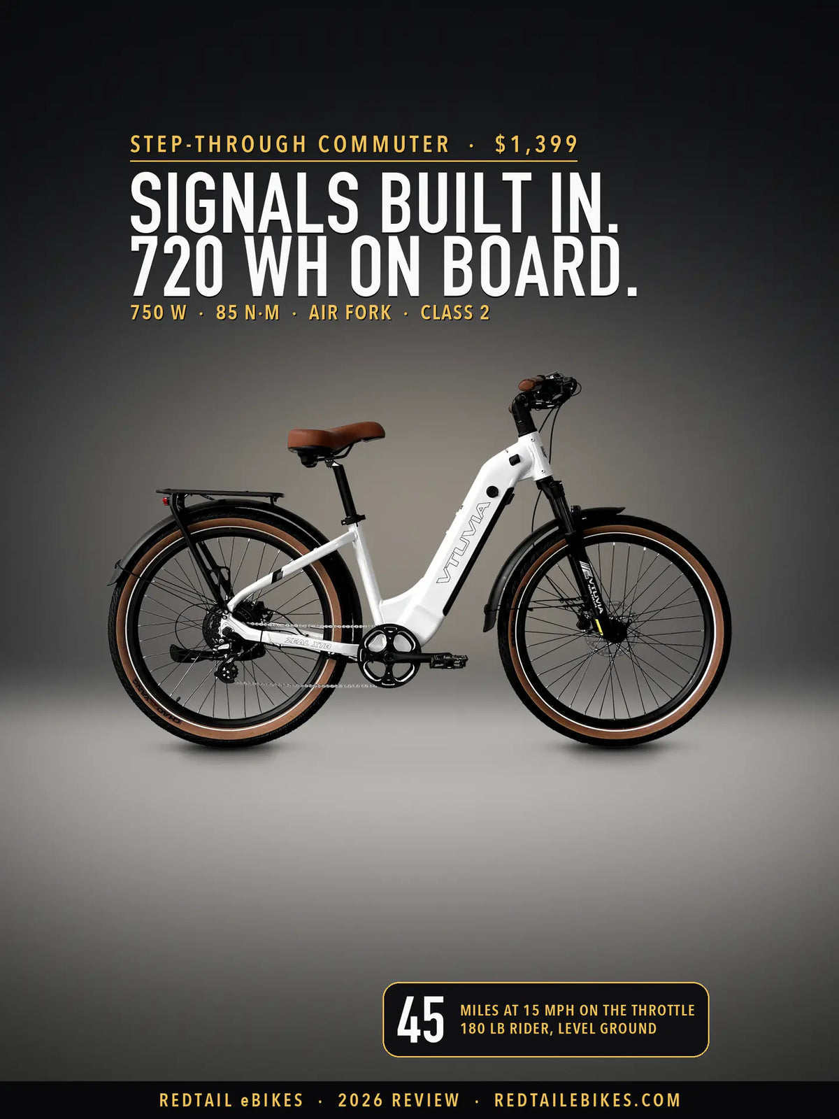 VTUVIA Zeal XT8 in Glacier White on a lit studio floor against a dark wall, side view, under the headline Signals built in. 720 Wh on board. and a badge reading 45 miles at 15 mph on the throttle, 180 lb rider, level ground
