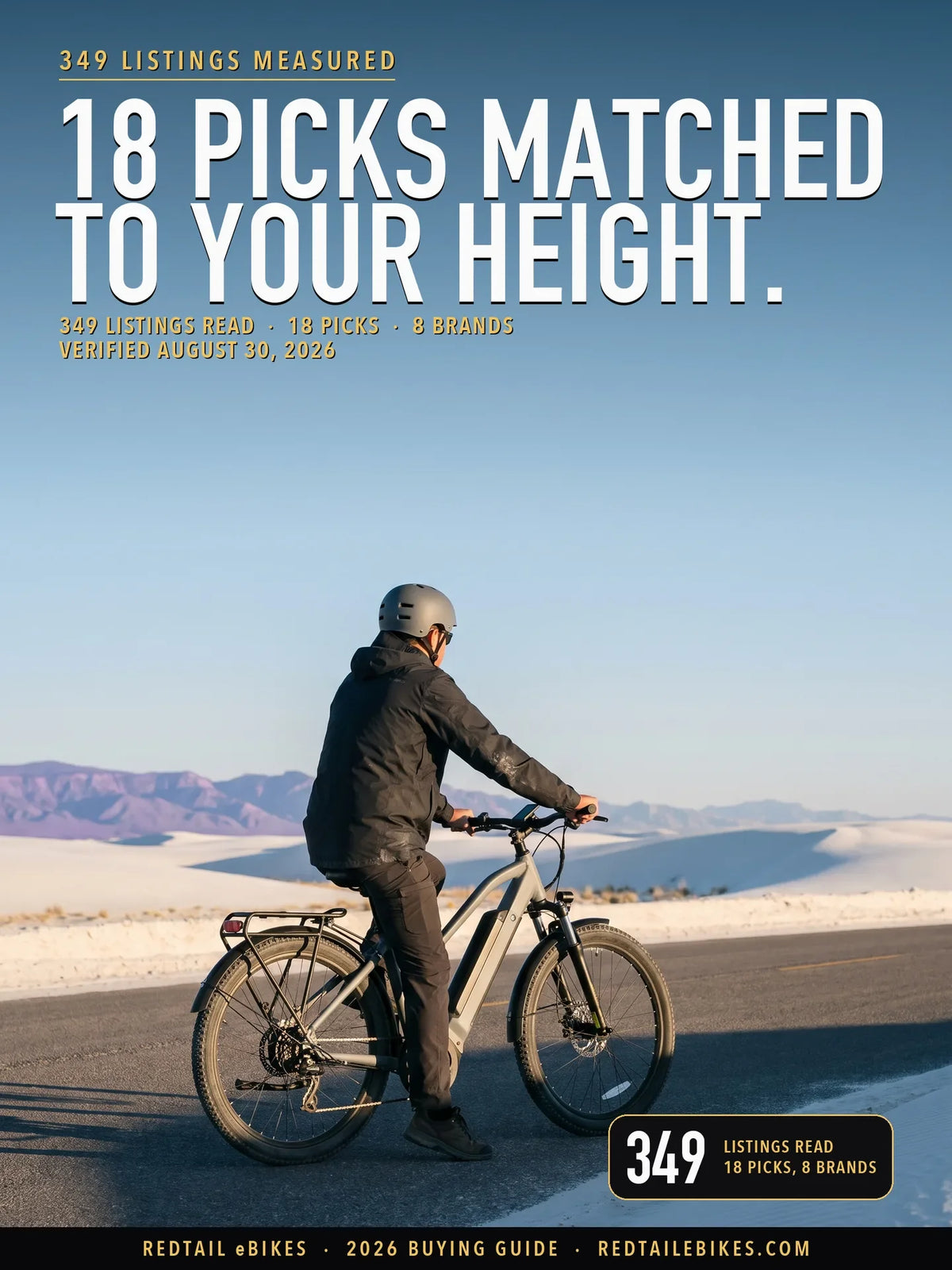 electric bike frame types cover: a rider on an electric bike at Dunes Drive, White Sands National Park, New Mexico, with the headline 18 PICKS MATCHED TO YOUR HEIGHT and the stat 349 listings read