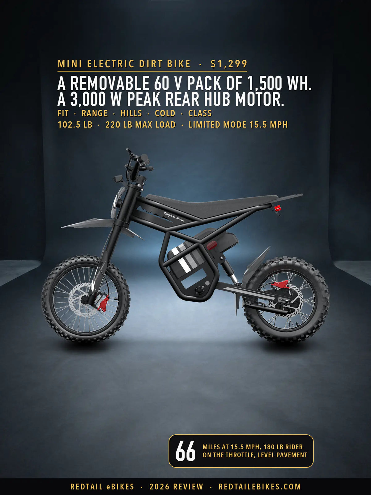 Riding'times GT54 Pro mini electric dirt bike in a dark studio under cool blue light, left-side profile showing the bench seat, the frame cradle around the pack, the footpeg, the rear hub motor and the 14- and 12-inch wheels