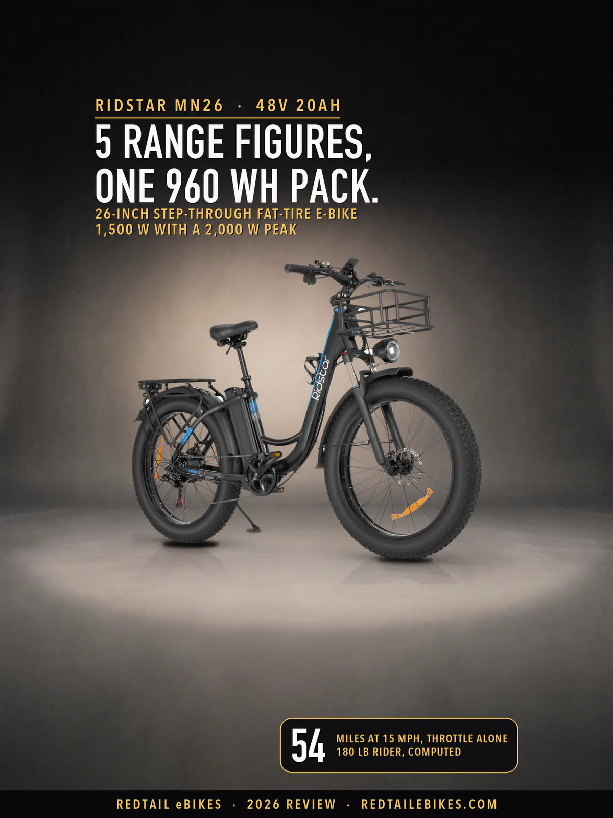 The Ridstar MN26 in black in a spotlit charcoal studio, under the headline 5 range figures, one 960 Wh pack, with the line 1,500 W with a 2,000 W peak and a badge reading 54 miles at 15 mph, throttle alone