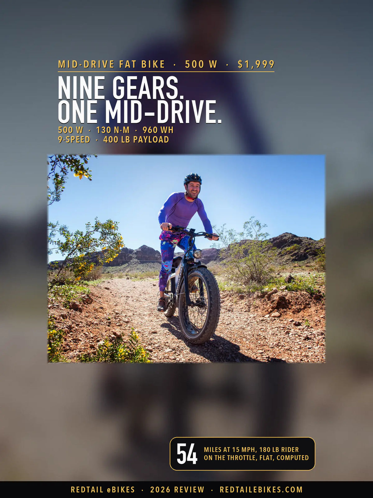 Himiway's photograph of a helmeted rider on a gray D5 Pro on a gravel desert trail, on a blurred enlargement of the same photo, headlined Nine gears. One mid-drive., with a badge: 54 miles at 15 mph, 180 lb rider, on the throttle, flat, computed