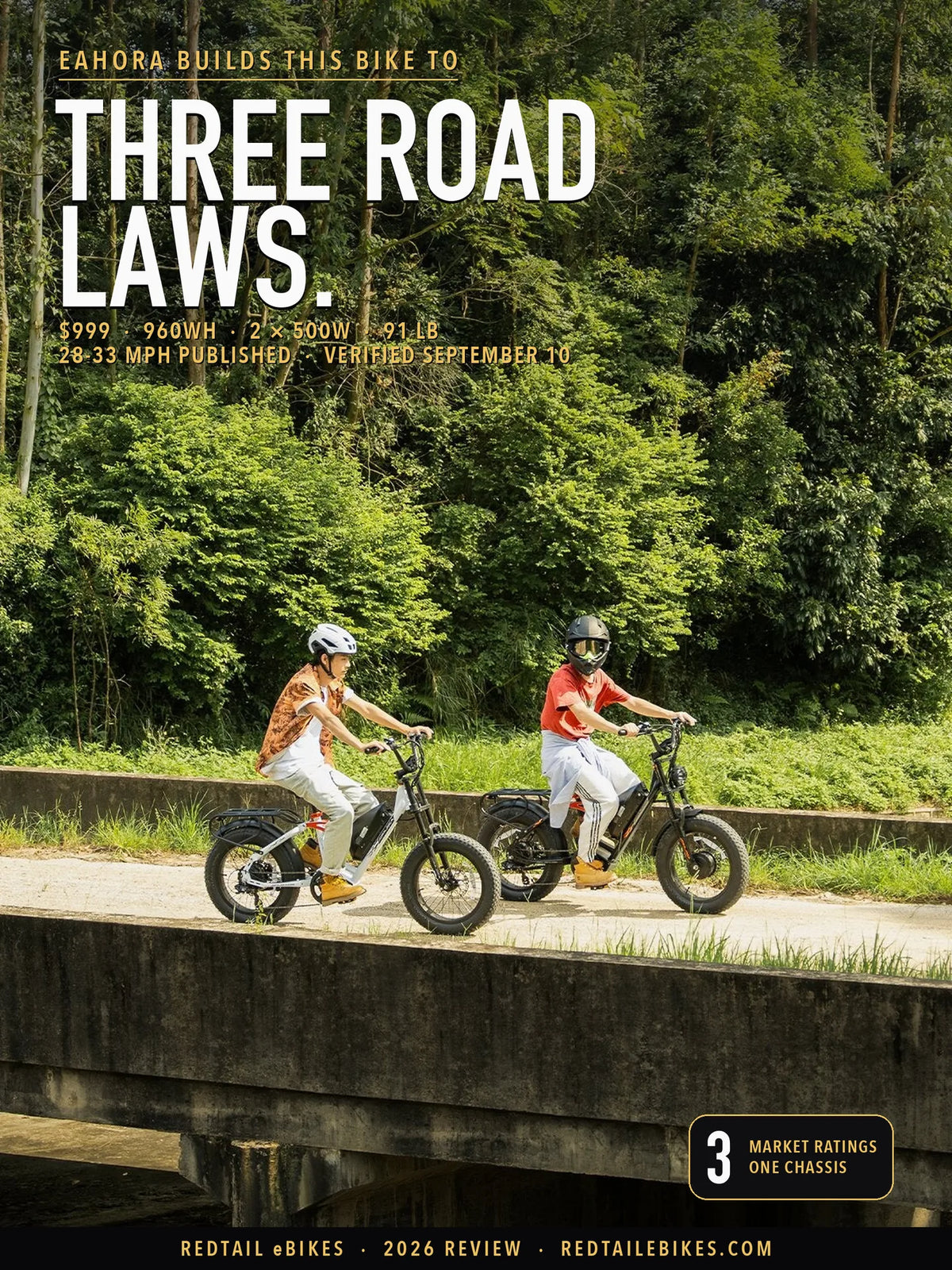 Eahora Luna II review cover: the dual-motor fat-tire e-bike on a wooded trail, headline three road laws