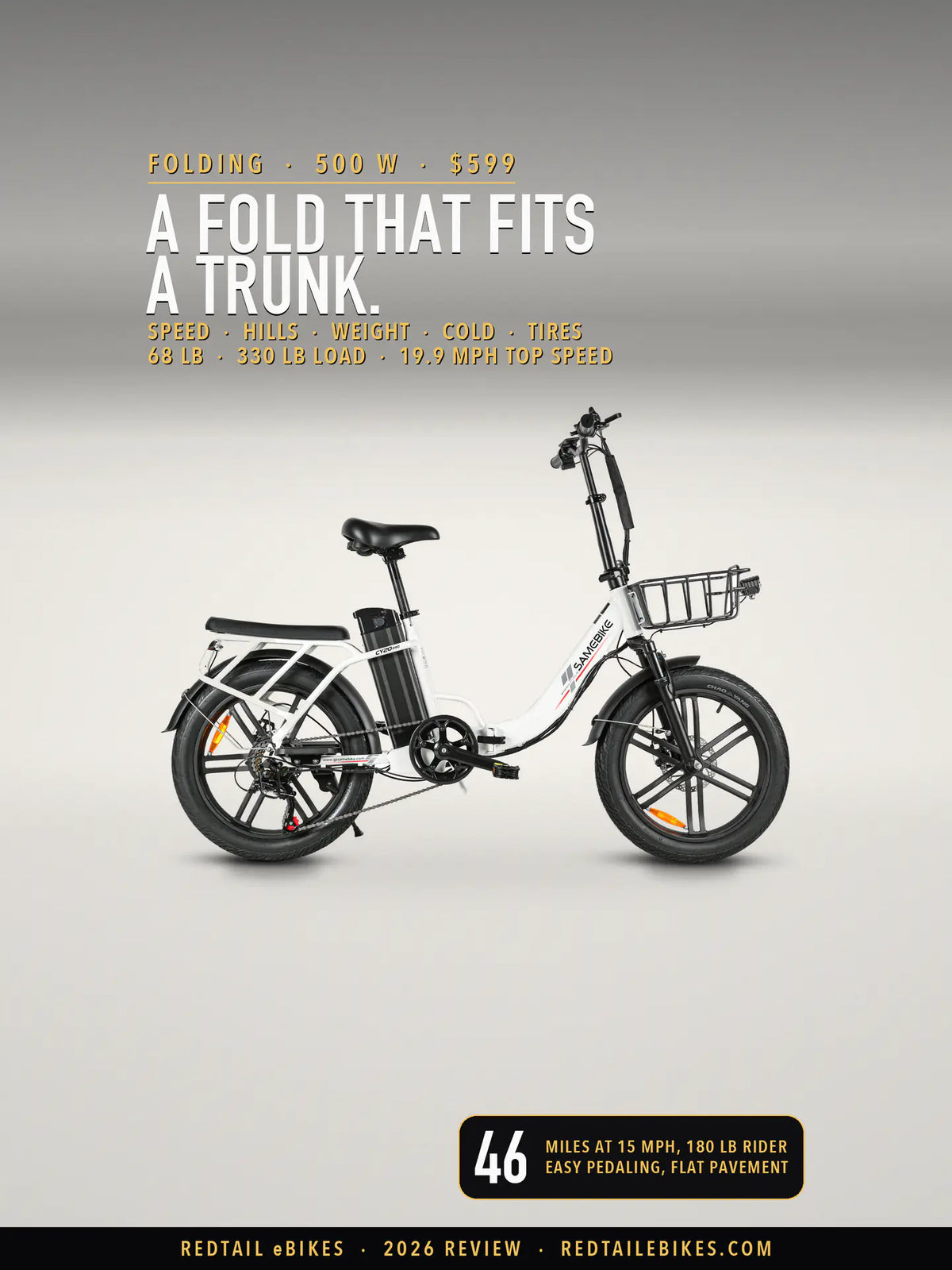 Samebike CY20 Pro folding electric bike in White on a light studio floor, drive-side profile with the SAMEBIKE wordmark on the down tube, the front basket, the rear rack and cast five-spoke wheels