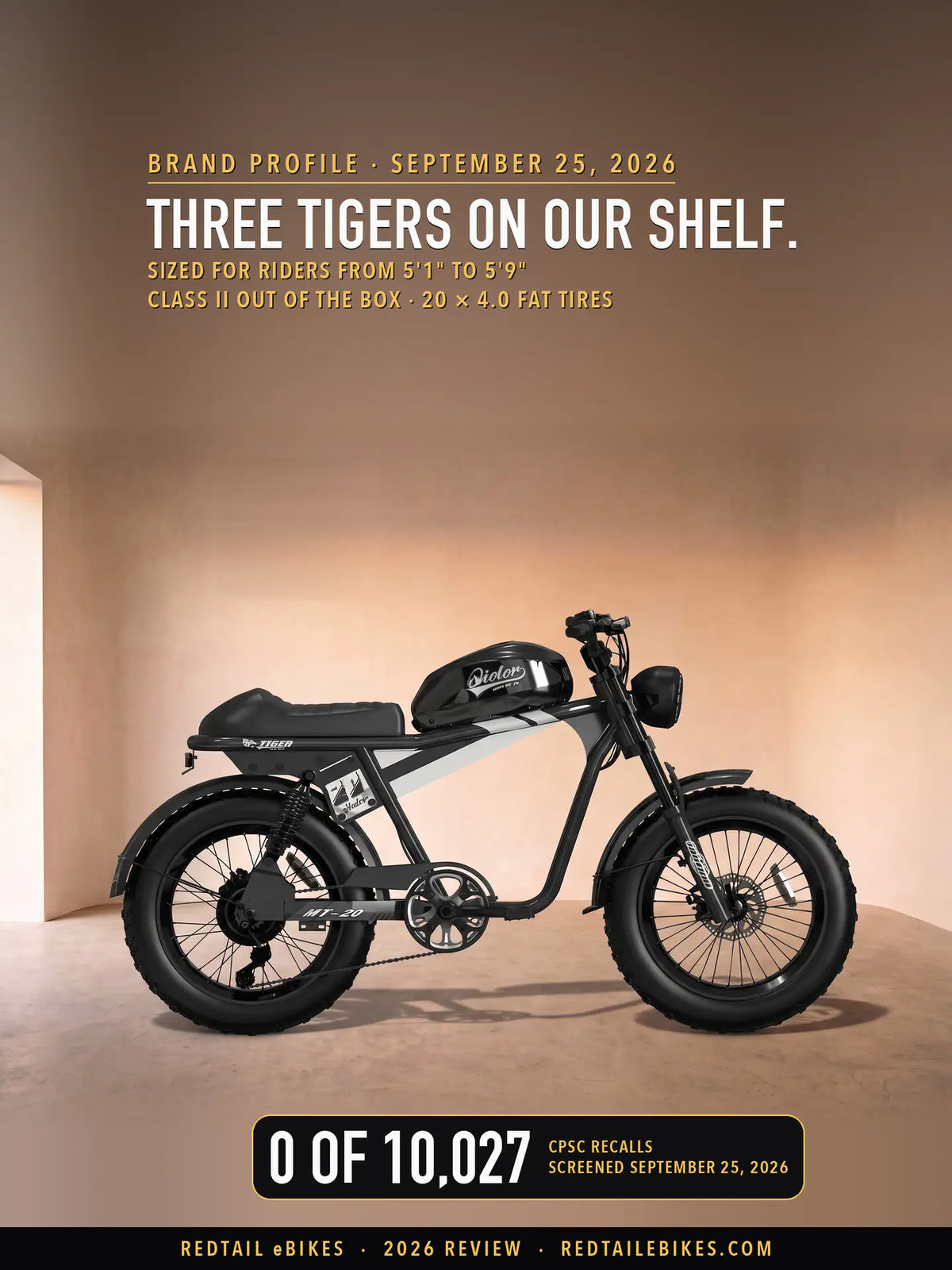 Qiolor Tiger RE retro electric bike in a studio under the headline three Tigers on our shelf