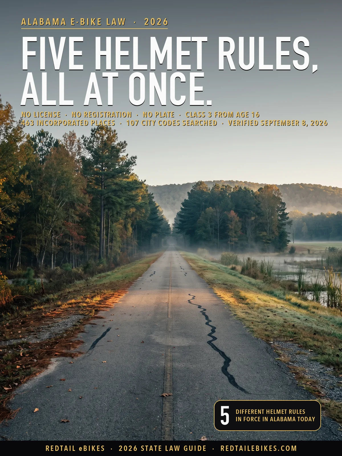 Alabama eBike Laws 2026 cover: the headline FIVE HELMET RULES, ALL AT ONCE over the paved Chief Ladiga Trail at first light, its rail corridor running between pine forest and a misty wetland toward an Appalachian foothill ridge