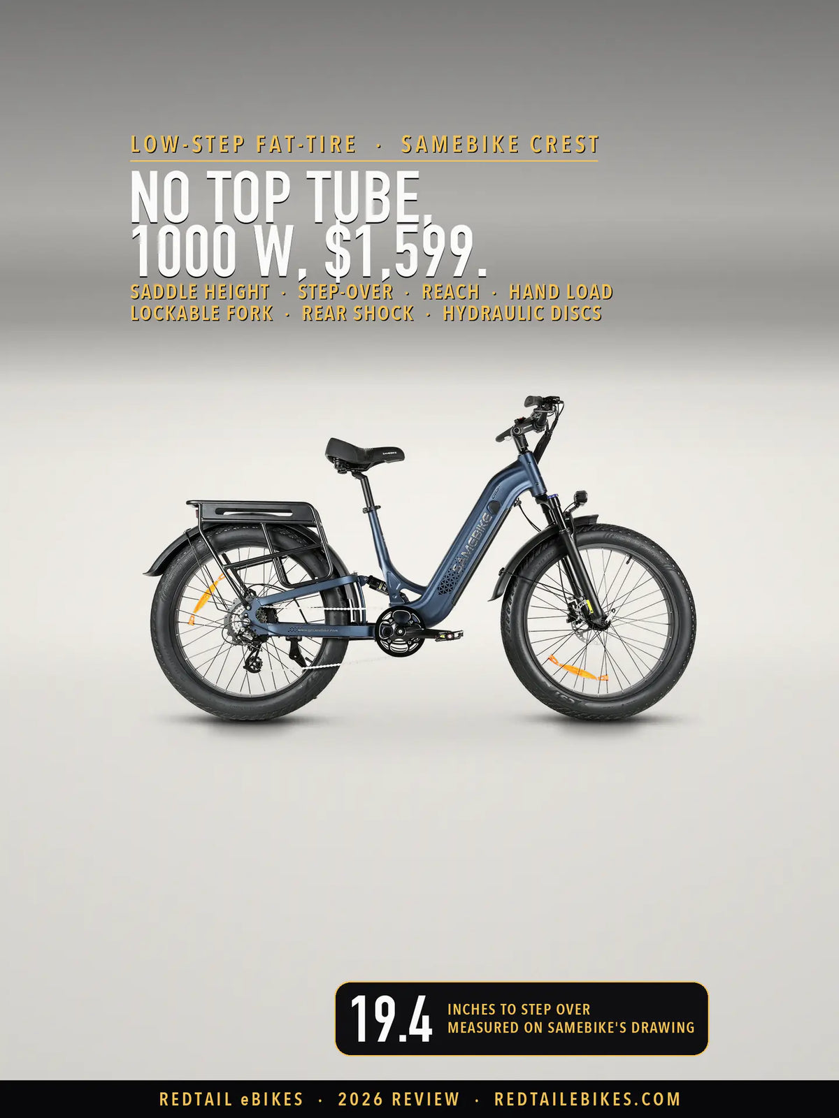 Samebike CREST low-step fat-tire e-bike in Navy standing on a light studio floor, drive side, with the SAMEBIKE wordmark on the down tube, the rear rack, the front fork, the headlight and 26 × 4.0 tires