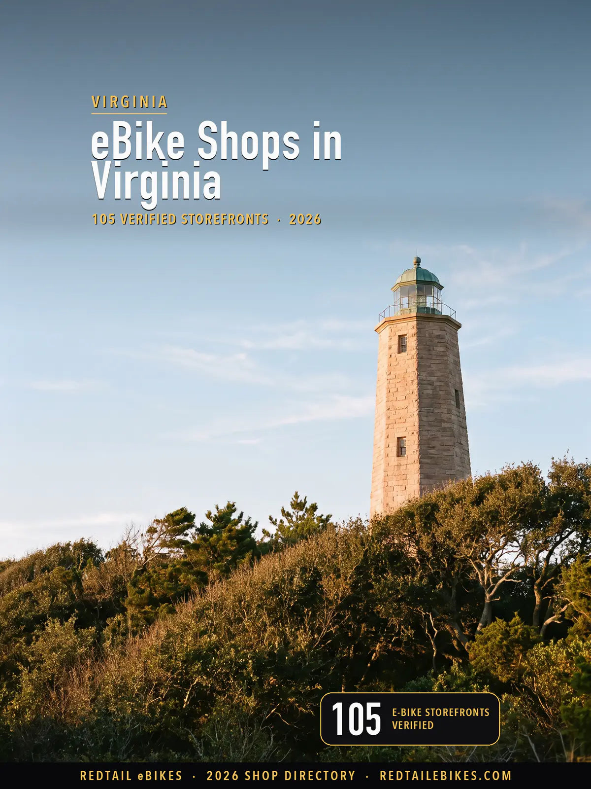 Cover reading eBike Shops in Virginia, 105 verified storefronts, over the Old Cape Henry Lighthouse in Virginia Beach: a tapered octagonal sandstone tower with a glazed lantern and a pale-green dome above a dune thicket in warm light