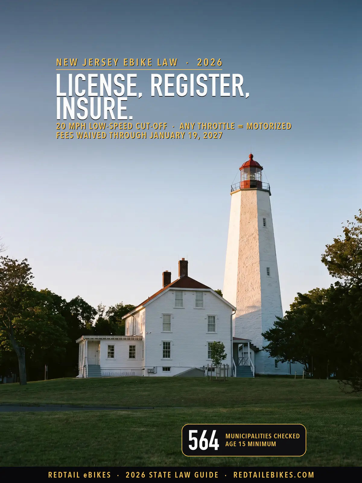 New Jersey e-bike law 2026 cover: license, register, insure, 20 mph low-speed cut-off, any throttle a motorized bicycle, 564 municipalities checked, over the octagonal Sandy Hook Lighthouse and its keepers quarters