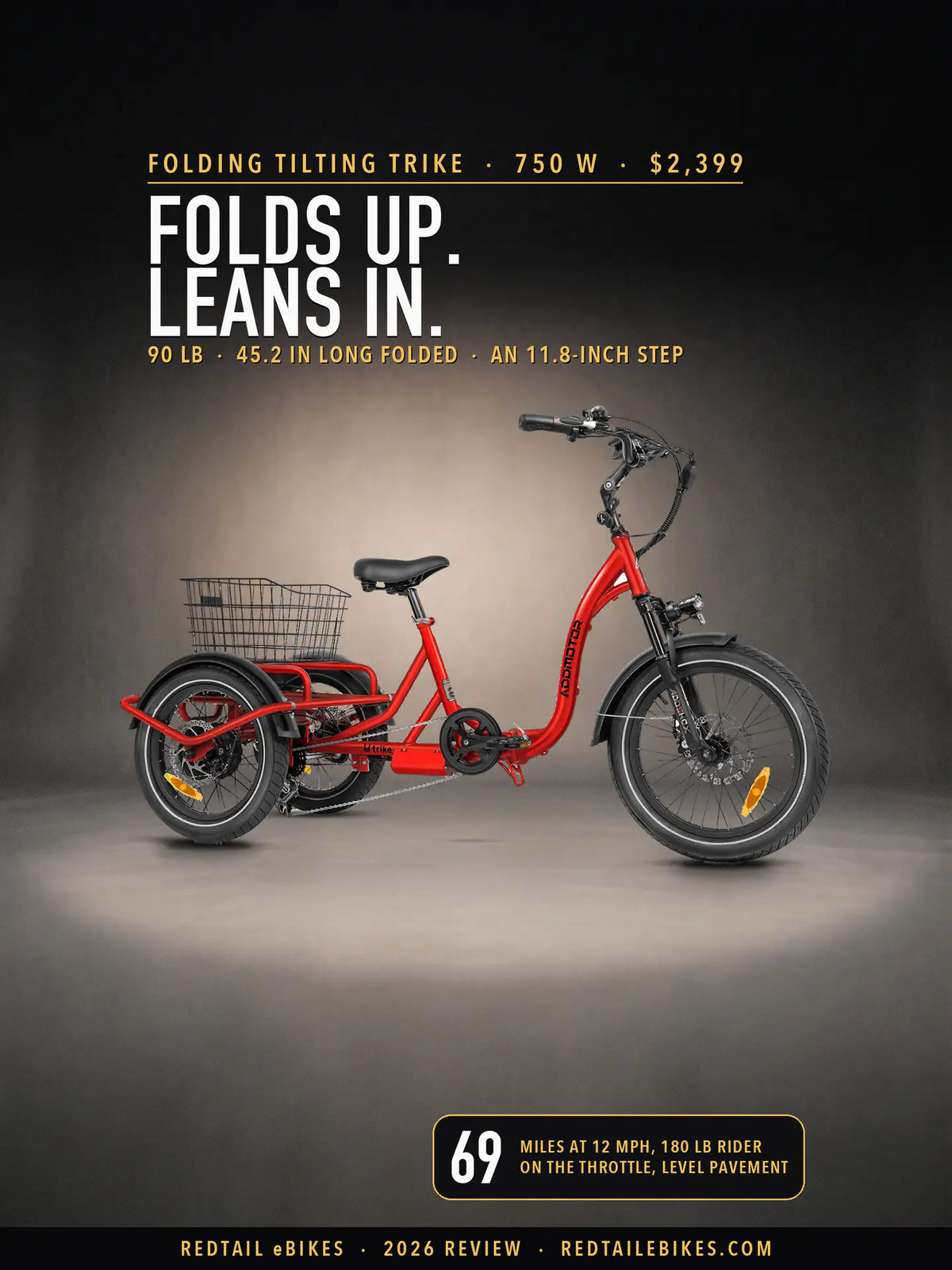 Addmotor U-Trike U-710 in Red standing side-on in a spotlit charcoal studio, under the headline Folds up. Leans in. and a badge reading 69 miles at 12 mph, 180 lb rider, on the throttle, level pavement