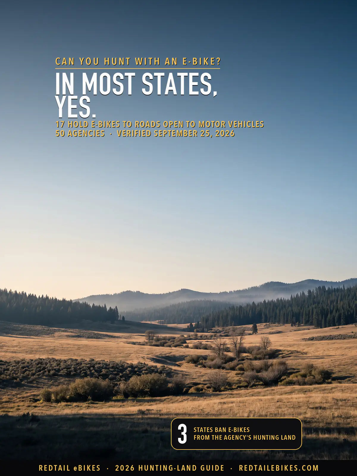 Can you hunt with an e-bike? 2026 cover reading IN MOST STATES, YES, over the Craig Mountain Wildlife Management Area in Idaho: rolling grassland and meadow, a brushy draw and conifer slopes under a clear morning sky