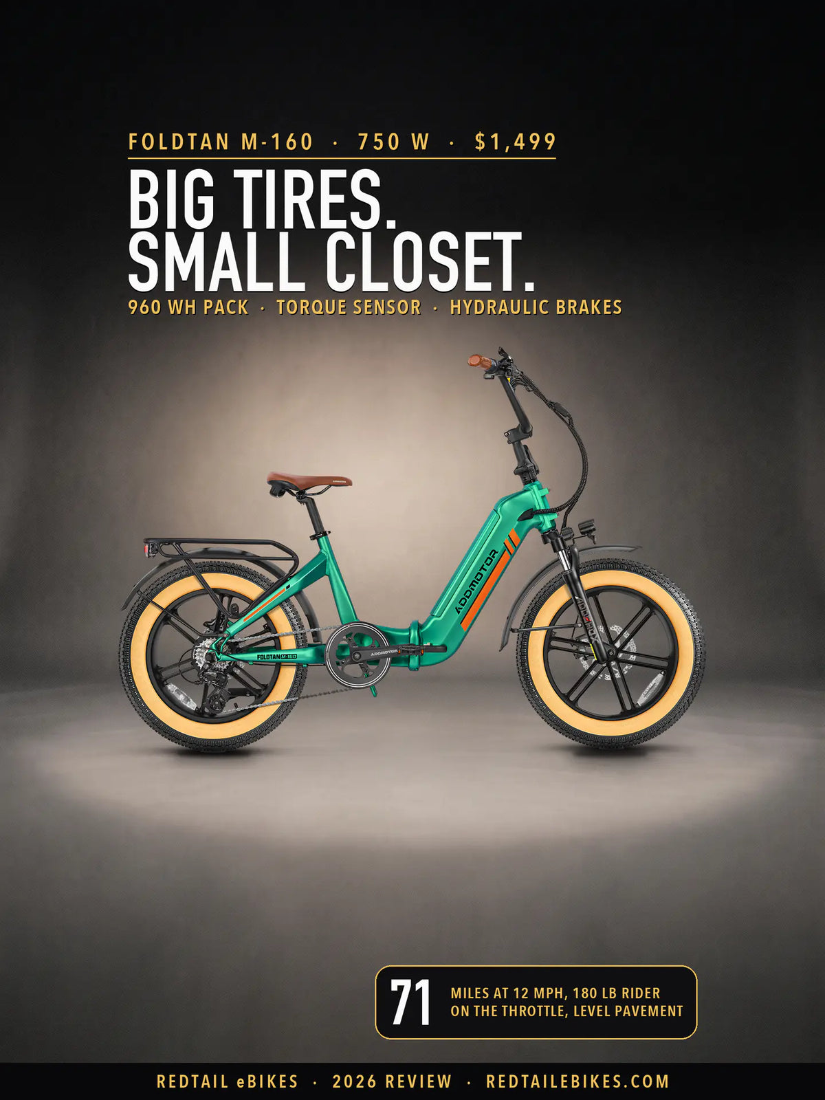 Addmotor Foldtan M-160 in Olive Green standing side-on in a spotlit charcoal studio, under the headline Big tires. Small closet. and a badge reading 71 miles at 12 mph