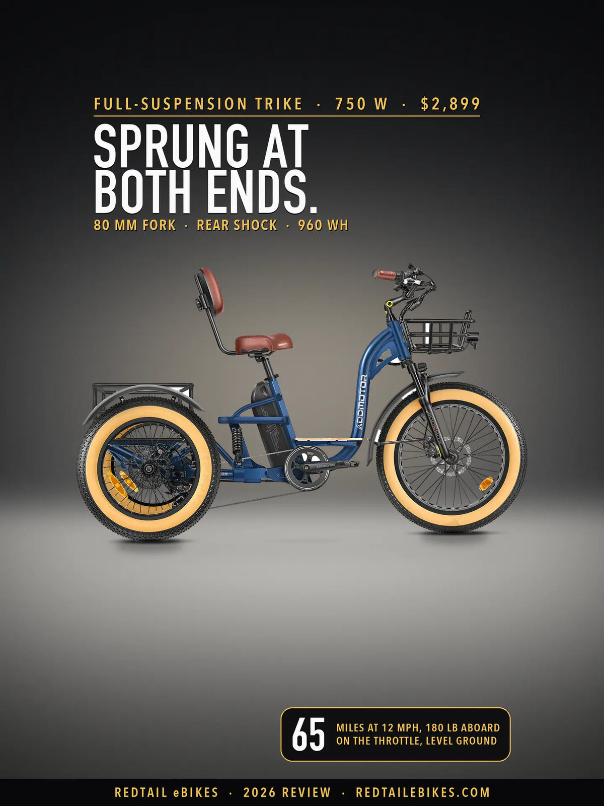 Addmotor Grandtan X electric trike in Neptune Blue on a lit studio floor against a dark wall, side view, under the headline Sprung at both ends. and a badge reading 65 miles at 12 mph, 180 lb aboard, on the throttle, level ground