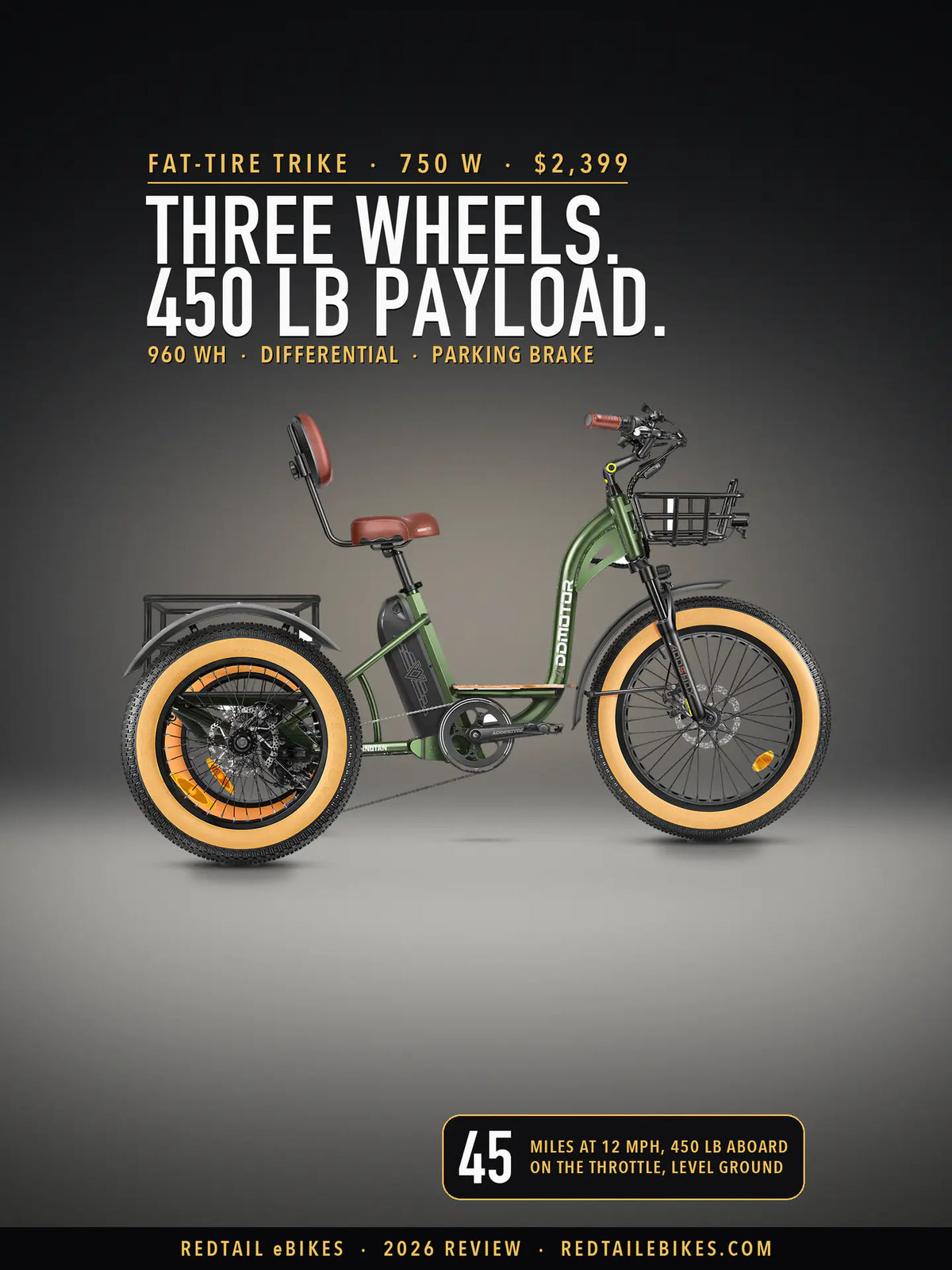 Addmotor Grandtan M-340 electric trike in Army Green on a lit studio floor against a dark wall, side view, under the headline Three wheels. 450 lb payload. and a badge reading 45 miles at 12 mph, 450 lb aboard, on the throttle, level ground