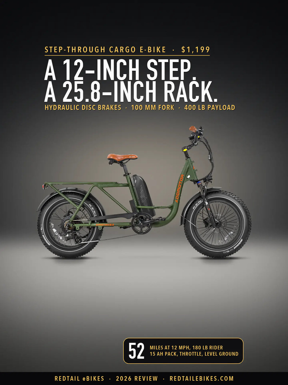 Addmotor Garootan M-81 cargo e-bike in Army Green on a lit studio floor, side view, under the headline A 12-inch step. A 25.8-inch rack. and a badge reading 52 miles at 12 mph, 180 lb rider, 15 Ah pack, throttle, level ground