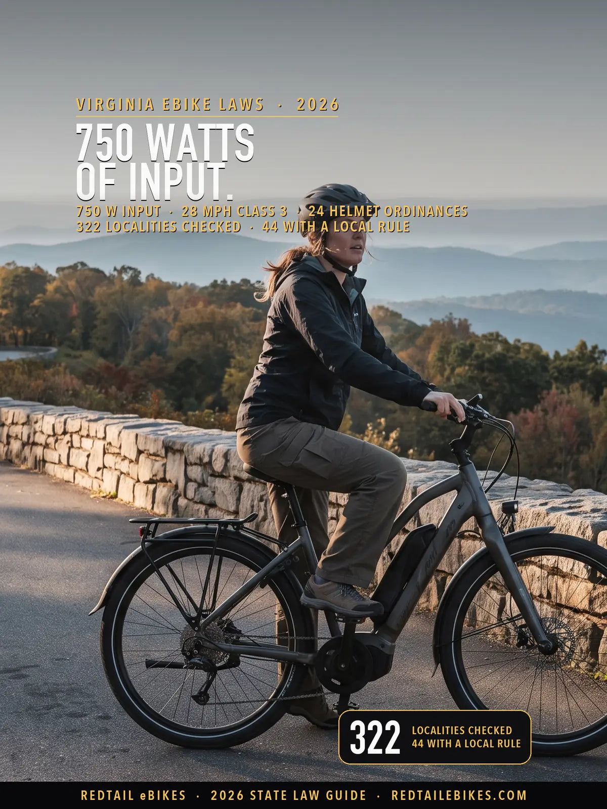 Cyclist on an electric commuter bike stopped at a stone-walled overlook on Skyline Drive in Shenandoah National Park, Virginia, looking out over the Blue Ridge
