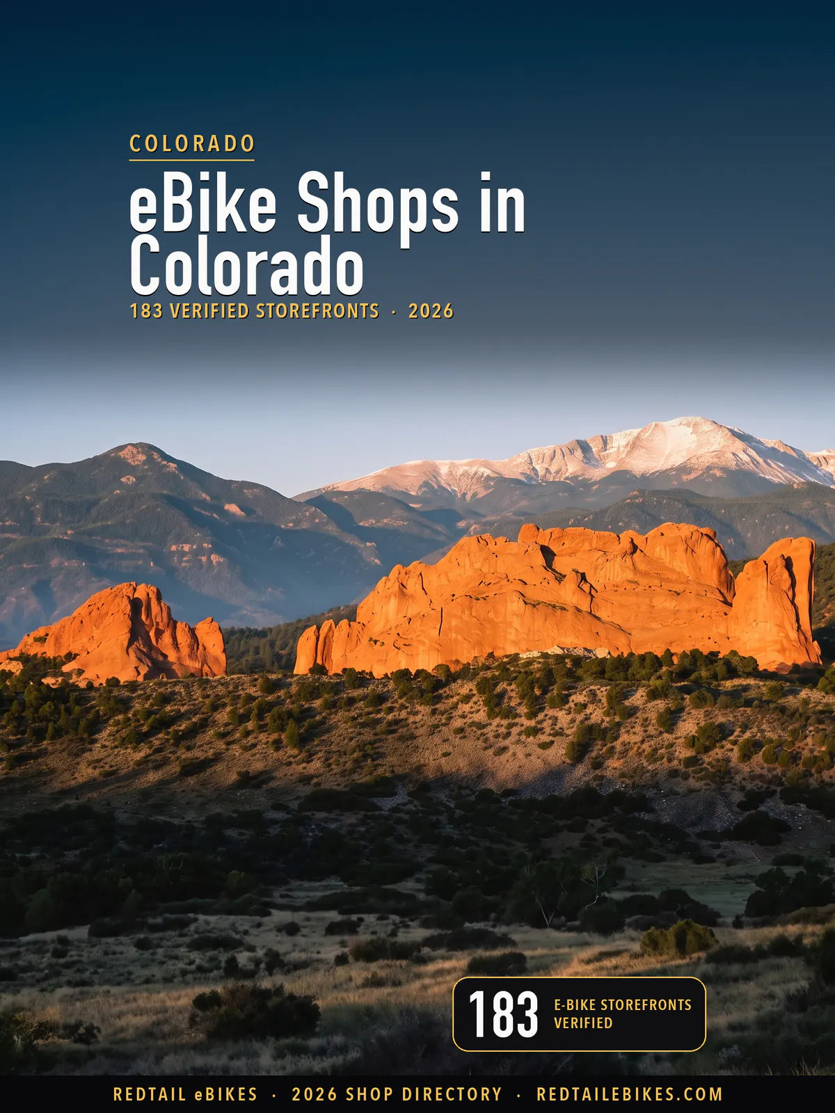 Cover reading eBike Shops in Colorado, 183 verified storefronts, 2026, over Garden of the Gods in the first light of morning, its upright red sandstone formations below Pikes Peak in Colorado Springs