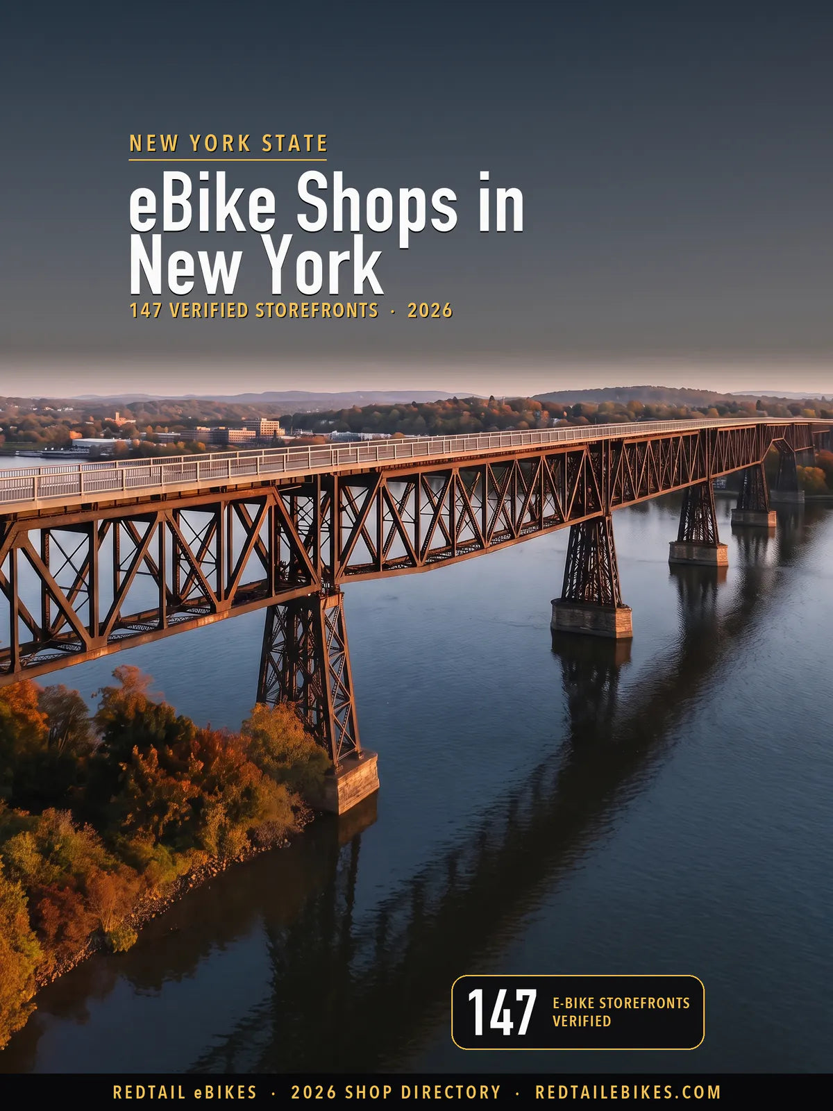 Cover reading eBike Shops in New York, 147 verified storefronts, 2026, over Walkway Over the Hudson in late golden light, the 1889 steel cantilever railroad bridge crossing the Hudson on lattice towers and stone piers toward Poughkeepsie